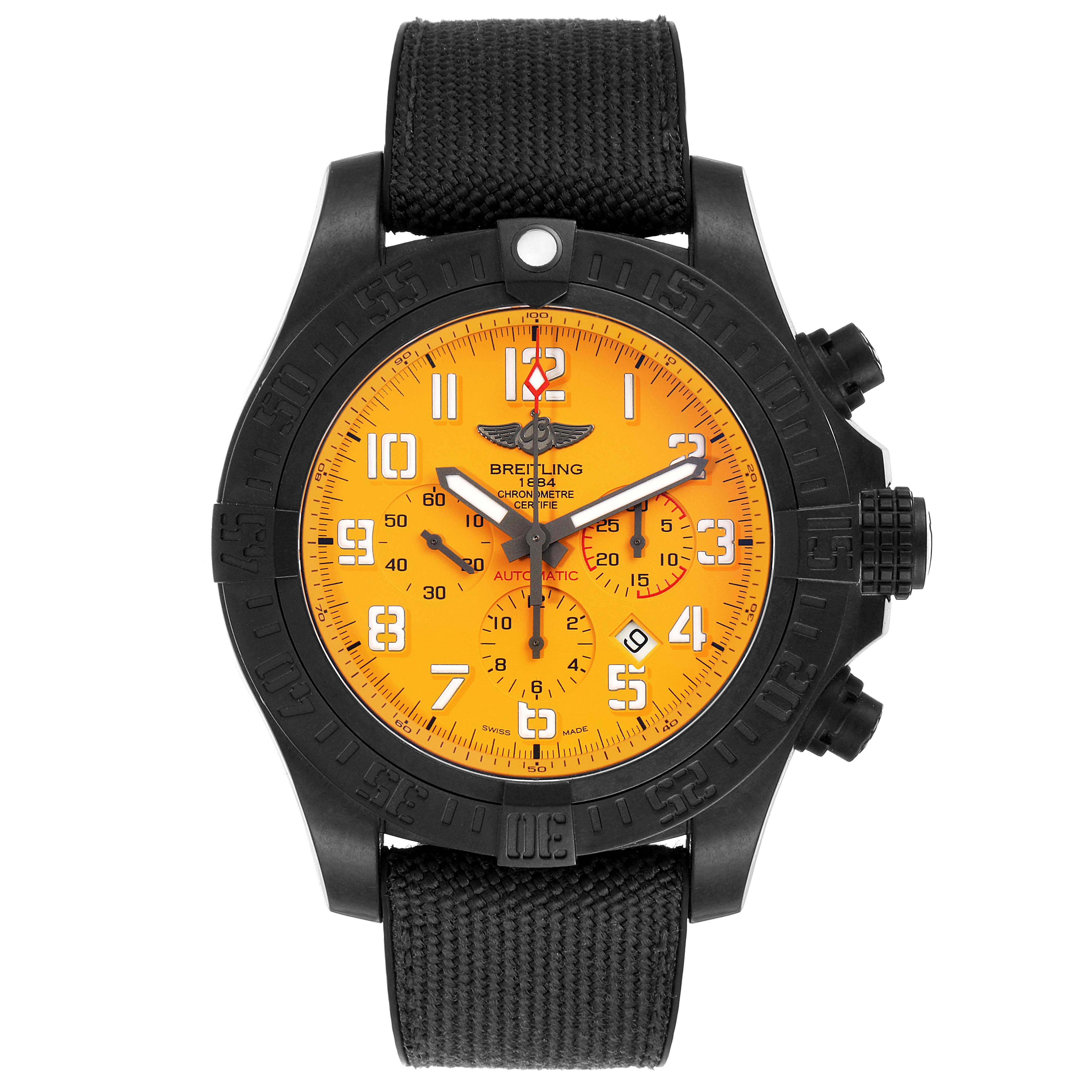 The image shows a front view of a Breitling Avenger XB0170E4/1533 Men's Titanium Yellow Dial XB0170E4/1533 Men's Titanium Yellow Dial watch with an orange dial and black strap.