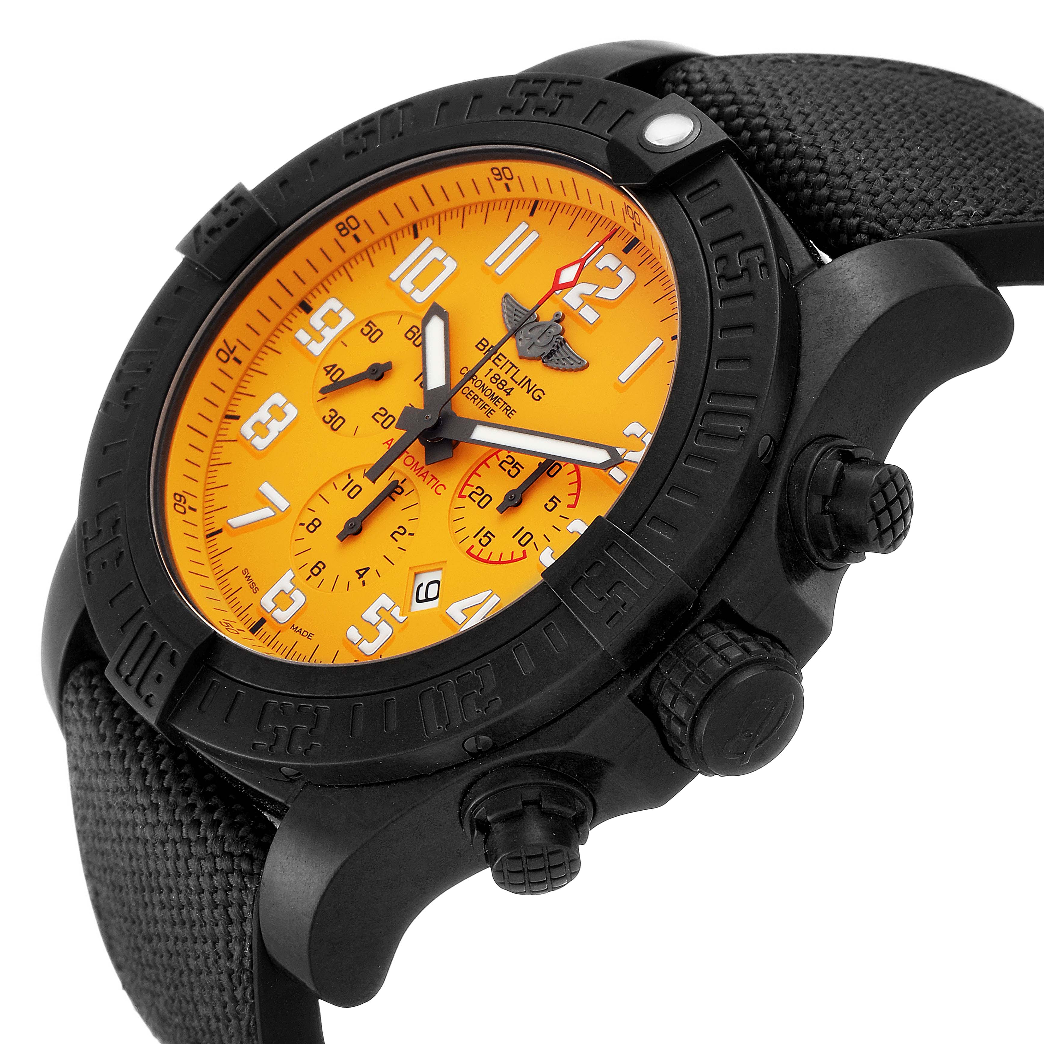 This image shows a close-up of the Breitling Avenger XB0170E4/1533 Men's Titanium Yellow Dial XB0170E4/1533 Men's Titanium Yellow Dial watch at an angle highlighting its orange dial, bezel, and textured strap.