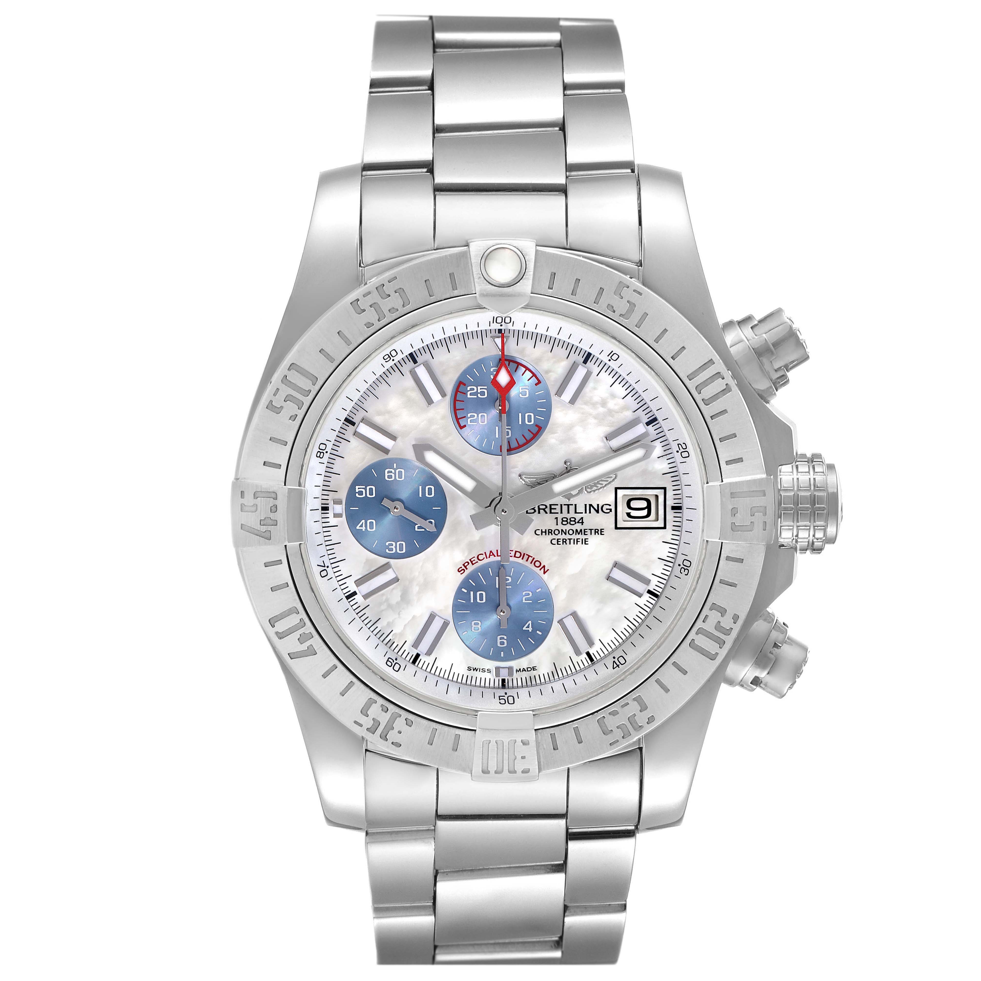 The Breitling Avenger A1338111/A808 Men's Stainless Steel Mother of Pearl Dial A1338111/A808 Men's Stainless Steel Mother of Pearl Dial watch is shown from a front angle, displaying its face, bezel, chronograph dials, and bracelet clearly.