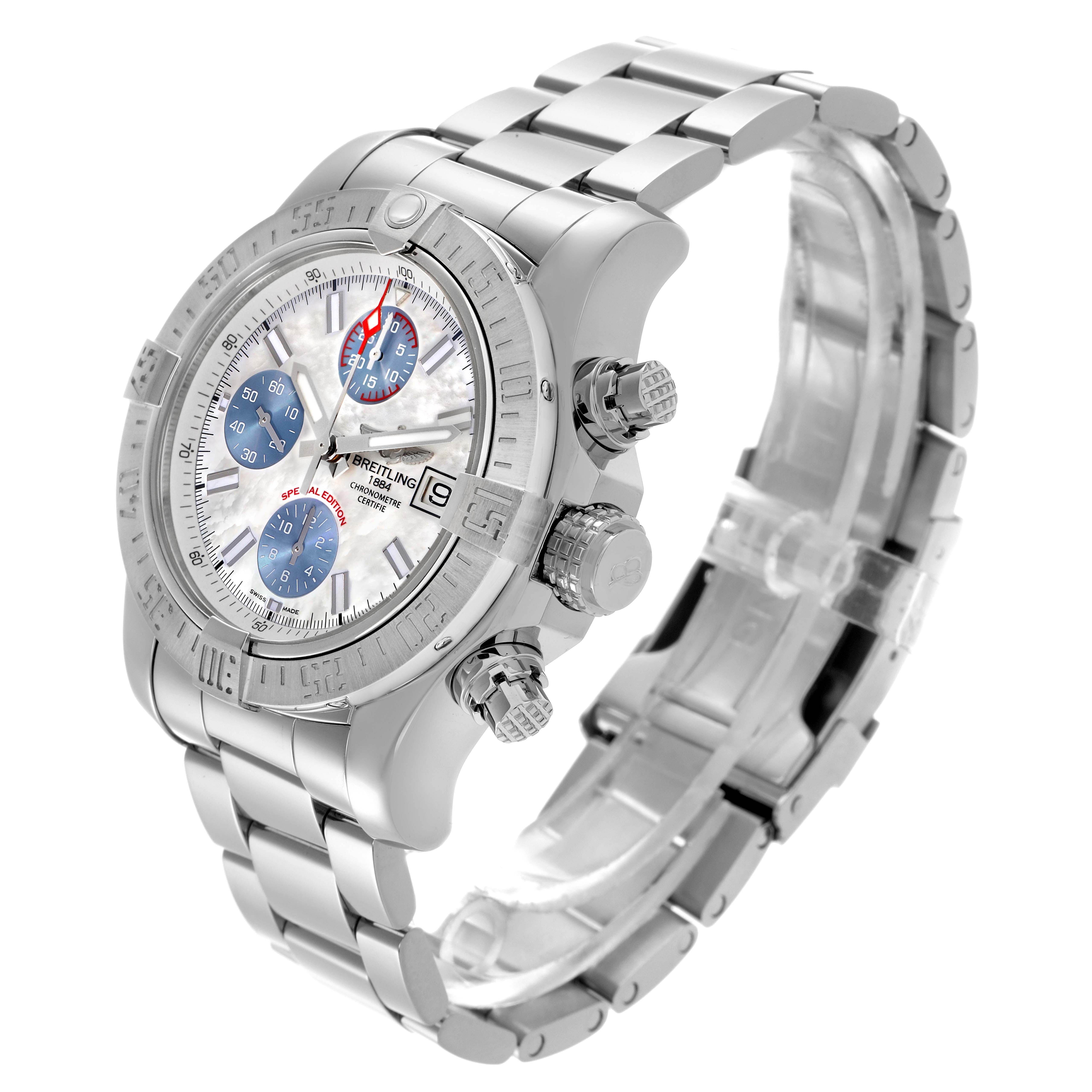 The Breitling Avenger A1338111/A808 Men's Stainless Steel Mother of Pearl Dial A1338111/A808 Men's Stainless Steel Mother of Pearl Dial watch is shown from a three-quarter angle, highlighting the face, bezel, crown, pushers, and bracelet.
