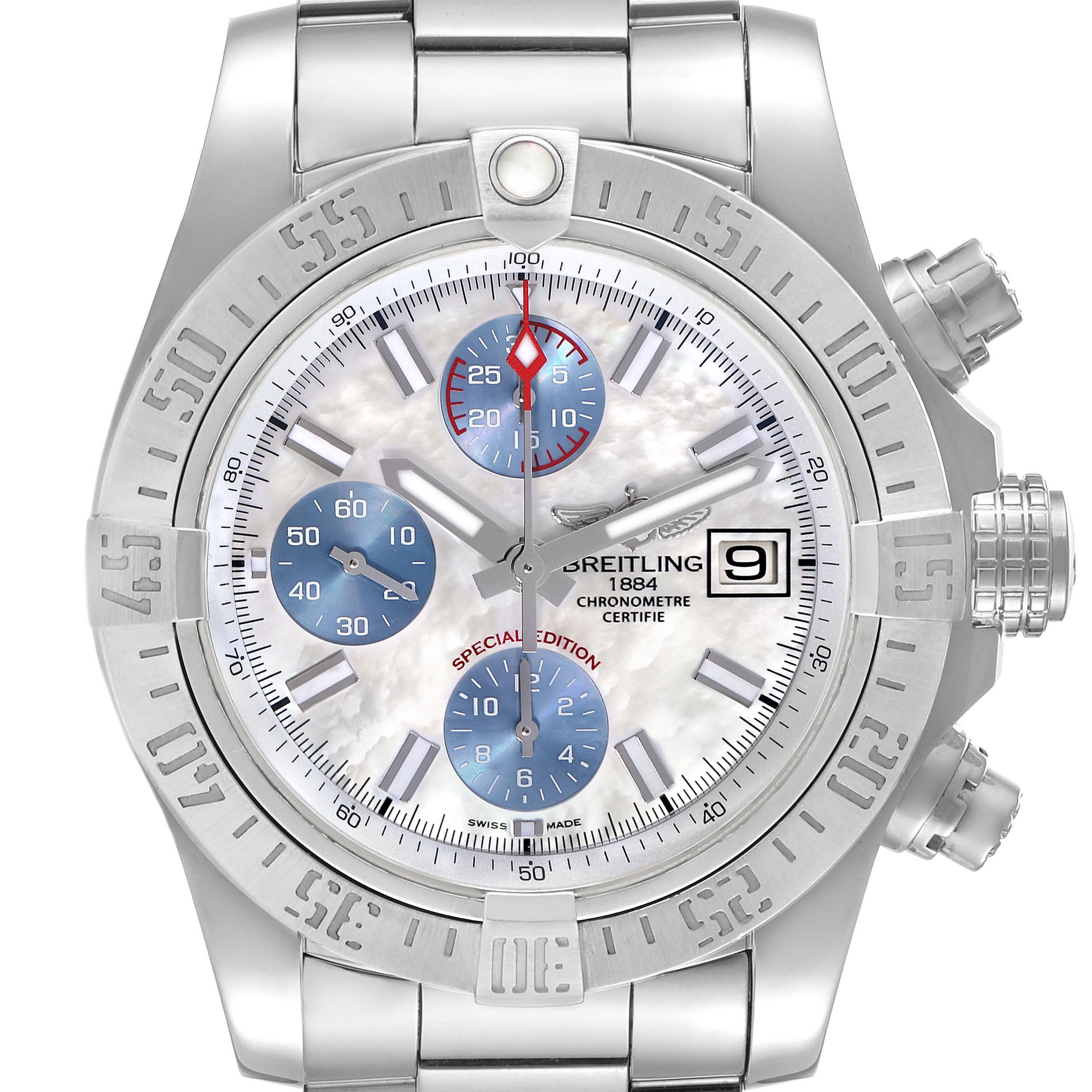 The Breitling Avenger A1338111/A808 Men's Stainless Steel Mother of Pearl Dial A1338111/A808 Men's Stainless Steel Mother of Pearl Dial watch is shown from the front, highlighting its bezel, subdials, crown, and date window.