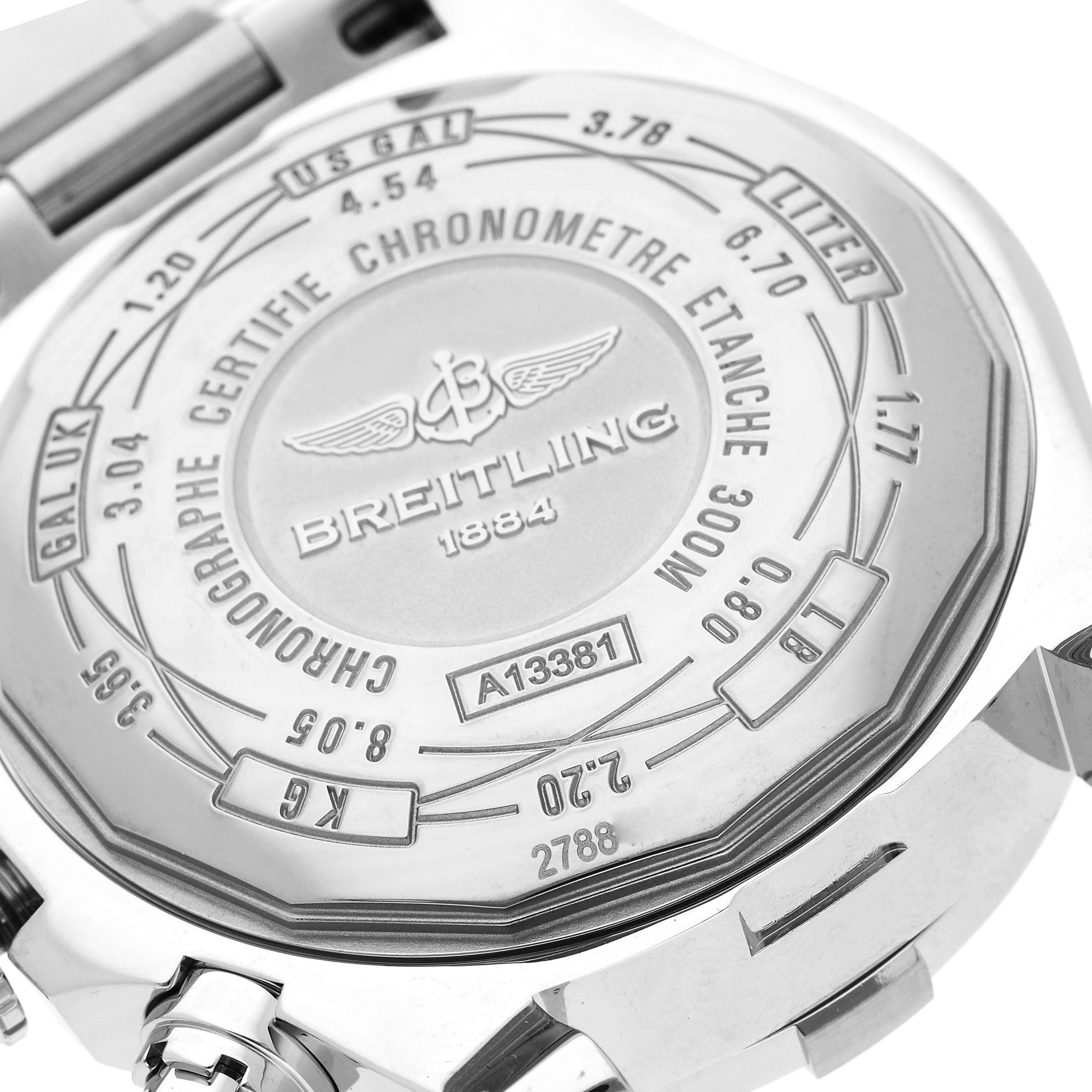 The image displays the back of a Breitling Avenger A1338111/A808 Men's Stainless Steel Mother of Pearl Dial A1338111/A808 Men's Stainless Steel Mother of Pearl Dial watch, showing its case back and engravings.