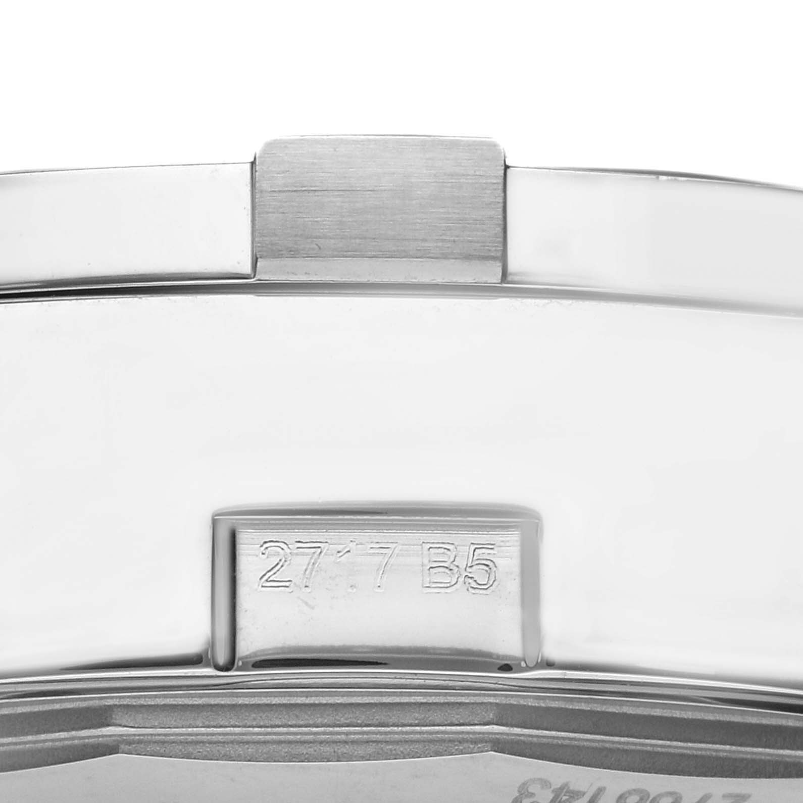 The image shows a close-up of the clasp and engraved details on a Breitling Avenger A1338111/A808 Men's Stainless Steel Mother of Pearl Dial A1338111/A808 Men's Stainless Steel Mother of Pearl Dial watch.