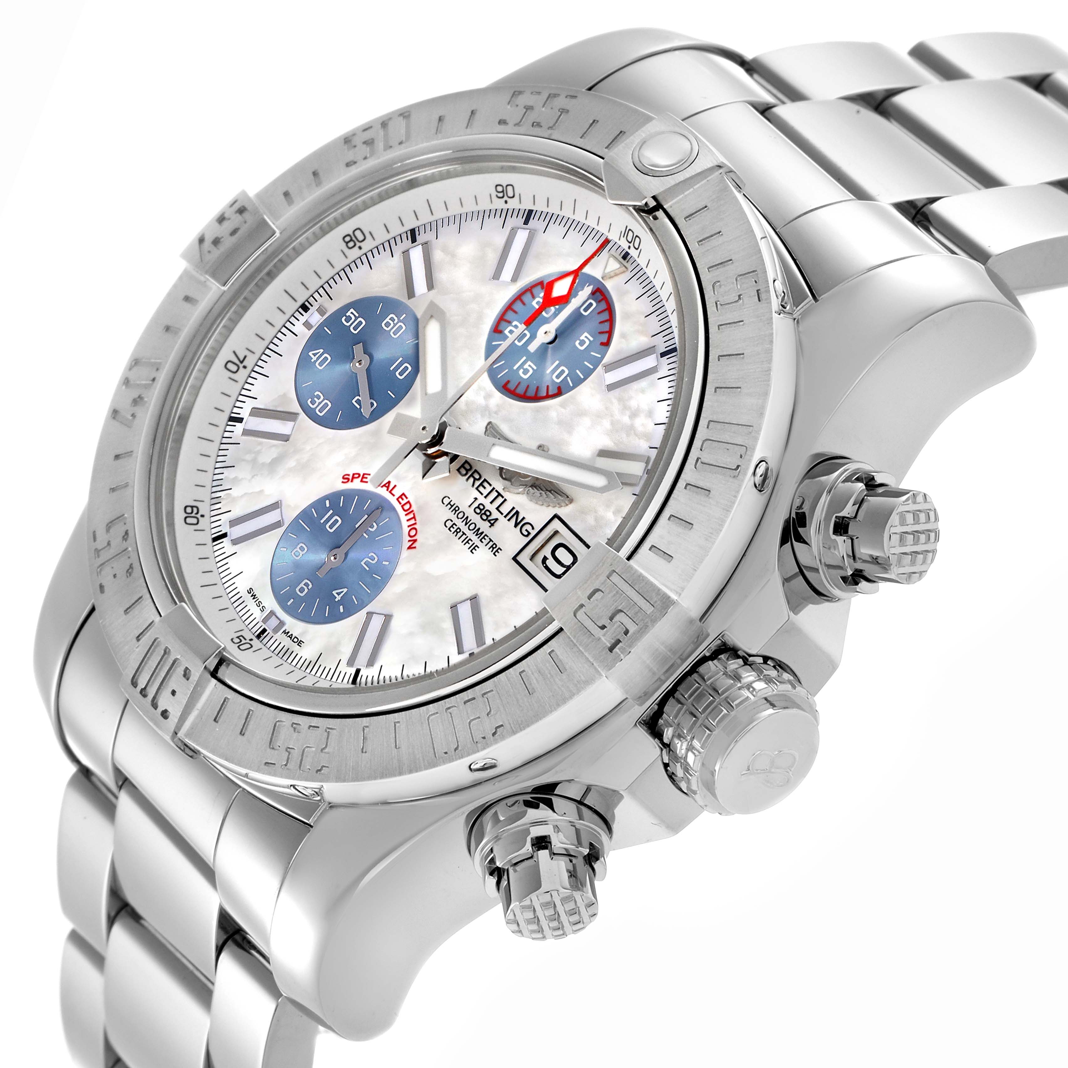The Breitling Avenger A1338111/A808 Men's Stainless Steel Mother of Pearl Dial A1338111/A808 Men's Stainless Steel Mother of Pearl Dial watch is shown at an angled view, displaying its bezel, dial, chronograph subdials, date window, and crown.