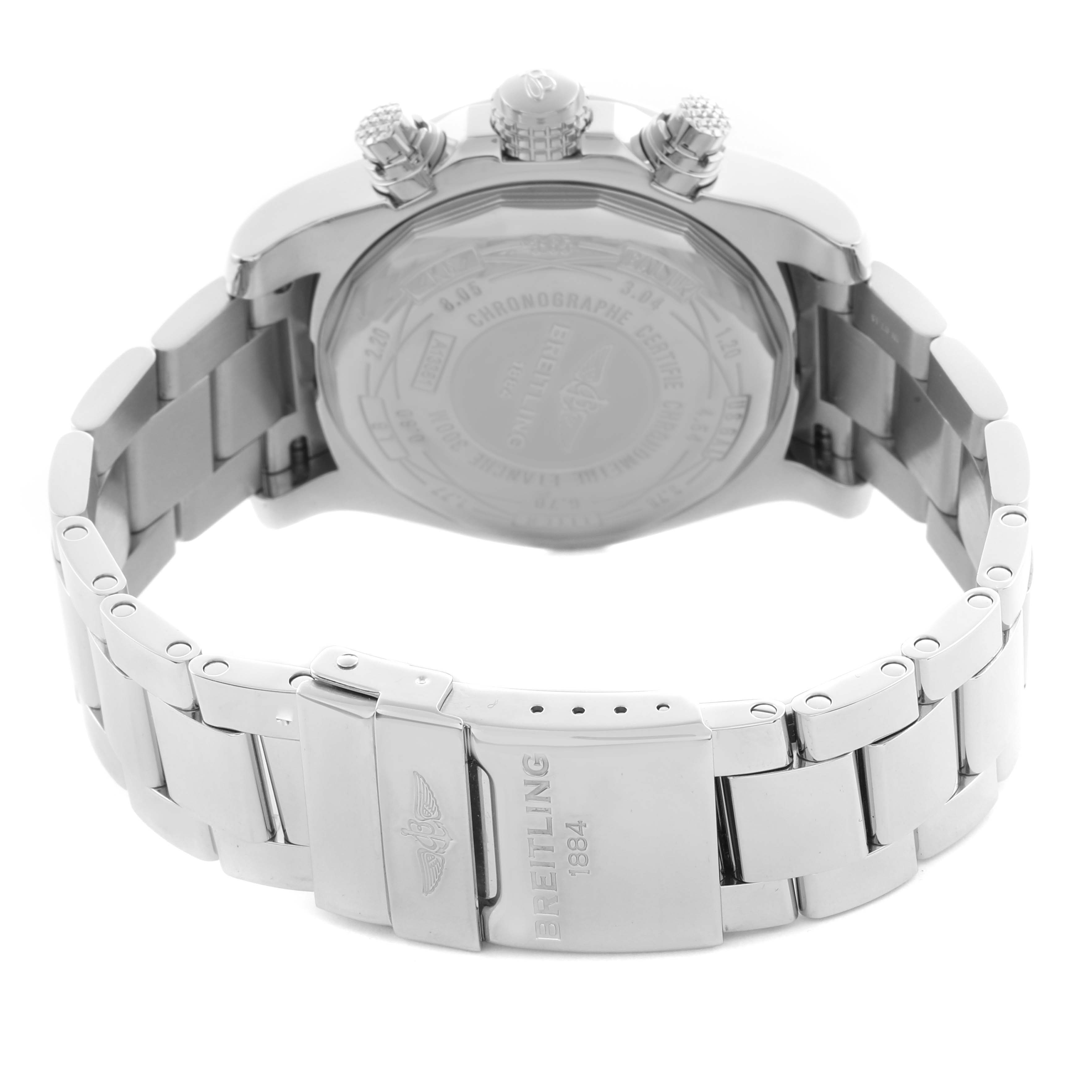 The image shows the back case and clasp of a Breitling Avenger A1338111/A808 Men's Stainless Steel Mother of Pearl Dial A1338111/A808 Men's Stainless Steel Mother of Pearl Dial watch from a rear angle.