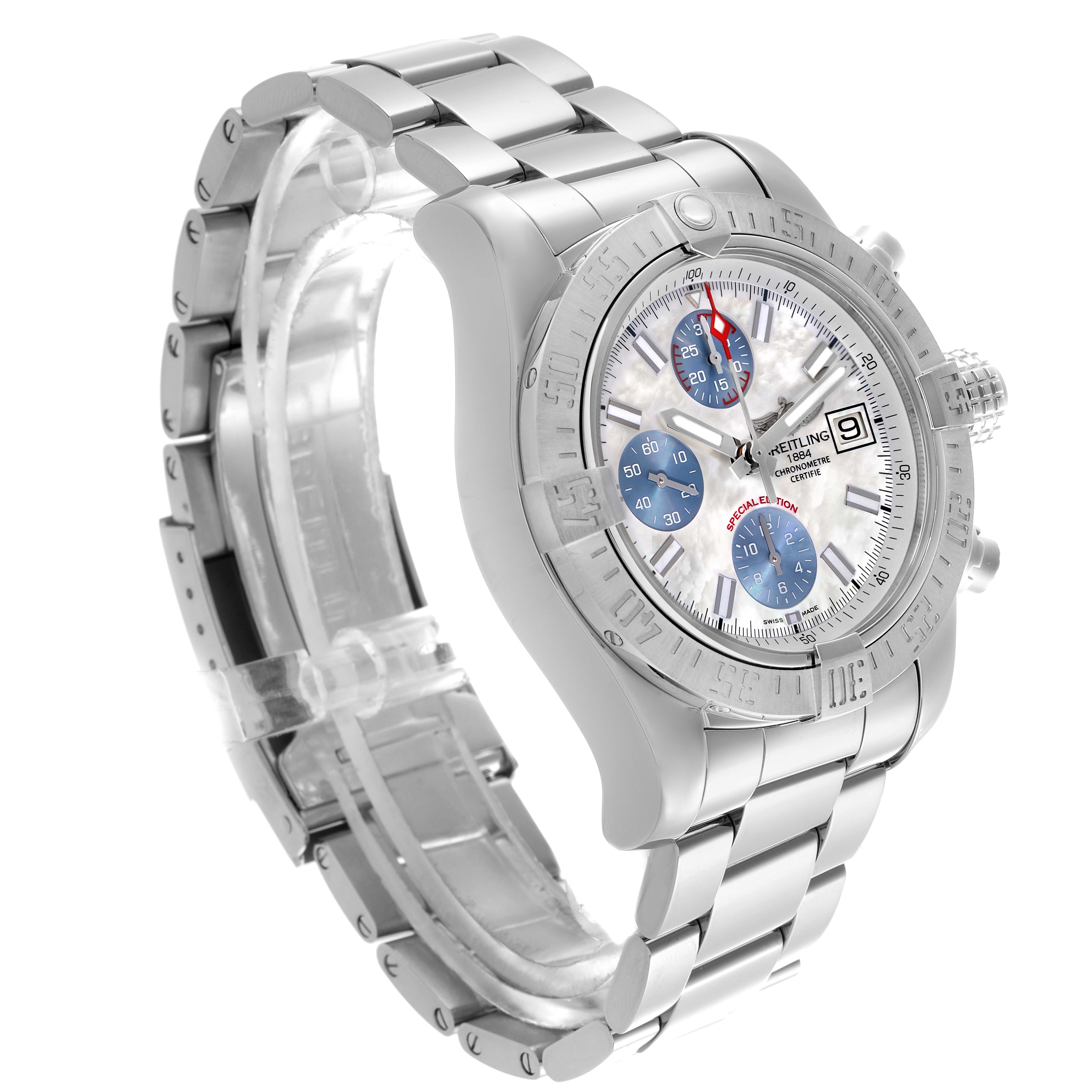 The Breitling Avenger A1338111/A808 Men's Stainless Steel Mother of Pearl Dial A1338111/A808 Men's Stainless Steel Mother of Pearl Dial watch is shown at a three-quarter angle, displaying its face, bezel, crown, and steel bracelet.