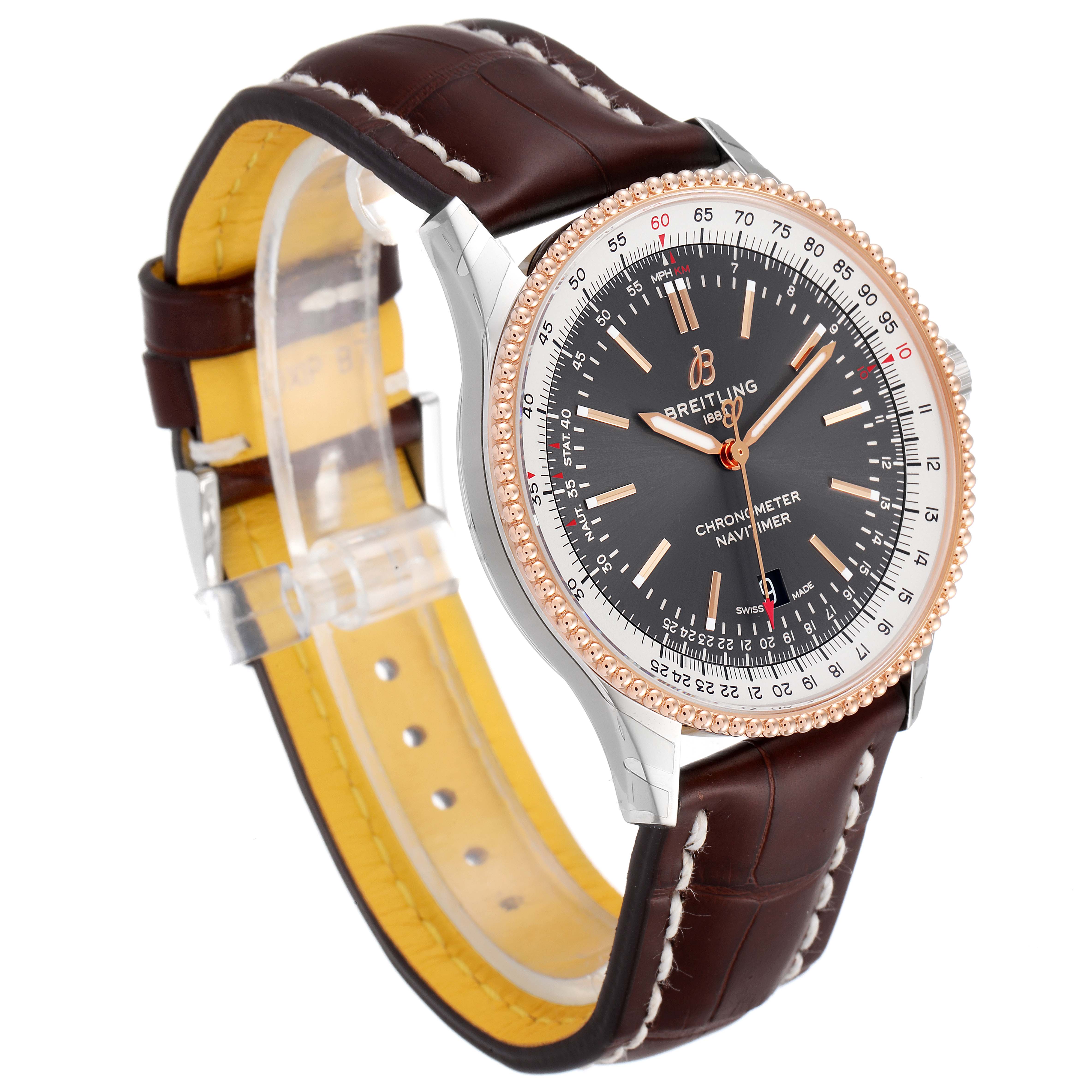 The Breitling Navitimer U17326211M1P1 Men's Stainless Steel Grey Dial U17326211M1P1 Men's Stainless Steel Grey Dial watch is shown at a three-quarter angle, highlighting the face, bezel, and leather strap.