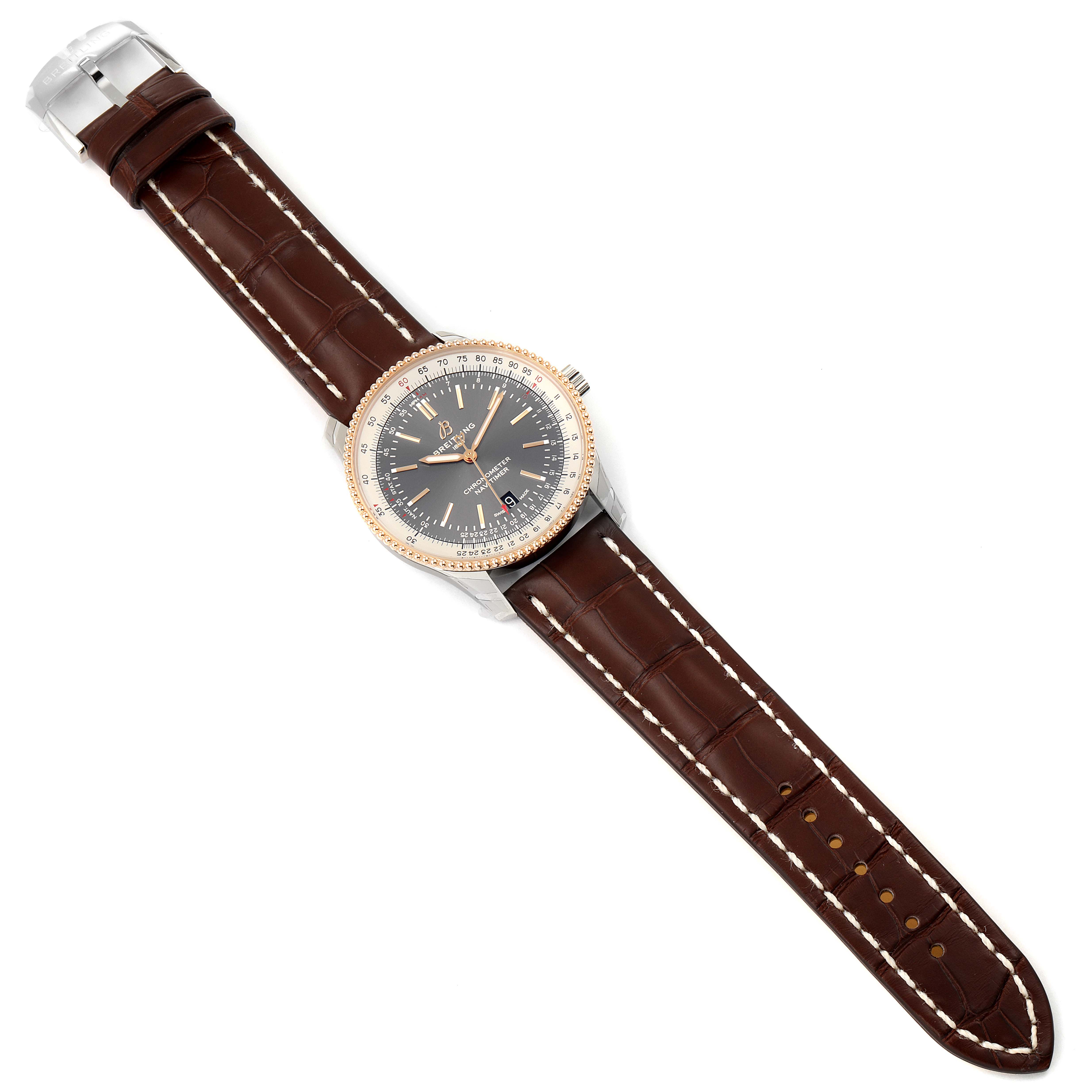 This image shows a full view of the Breitling Navitimer U17326211M1P1 Men's Stainless Steel Grey Dial U17326211M1P1 Men's Stainless Steel Grey Dial watch, including its brown leather strap and detailed dial.