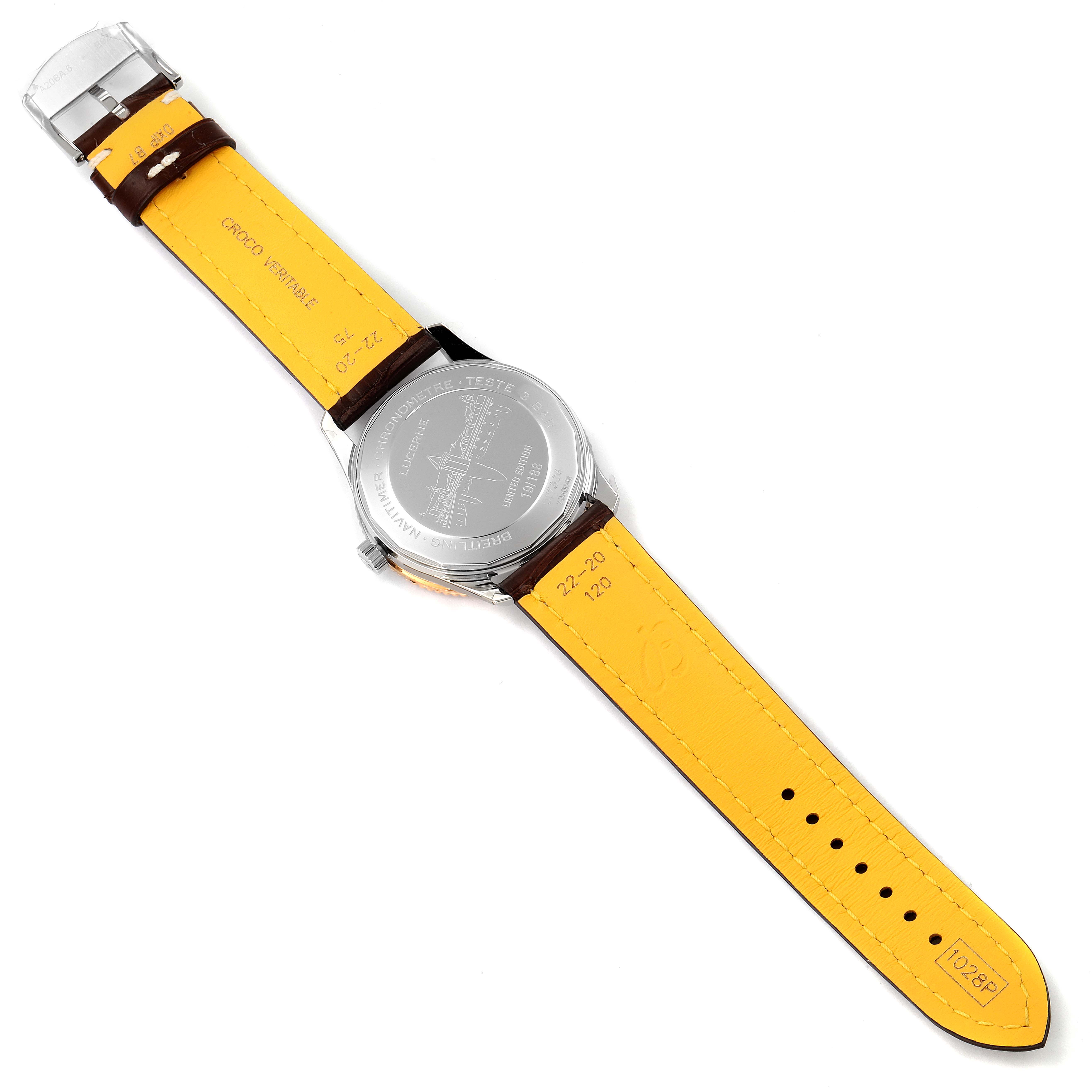 The Breitling Navitimer U17326211M1P1 Men's Stainless Steel Grey Dial U17326211M1P1 Men's Stainless Steel Grey Dial watch is shown from the back, highlighting the case back and the inner side of the leather straps.