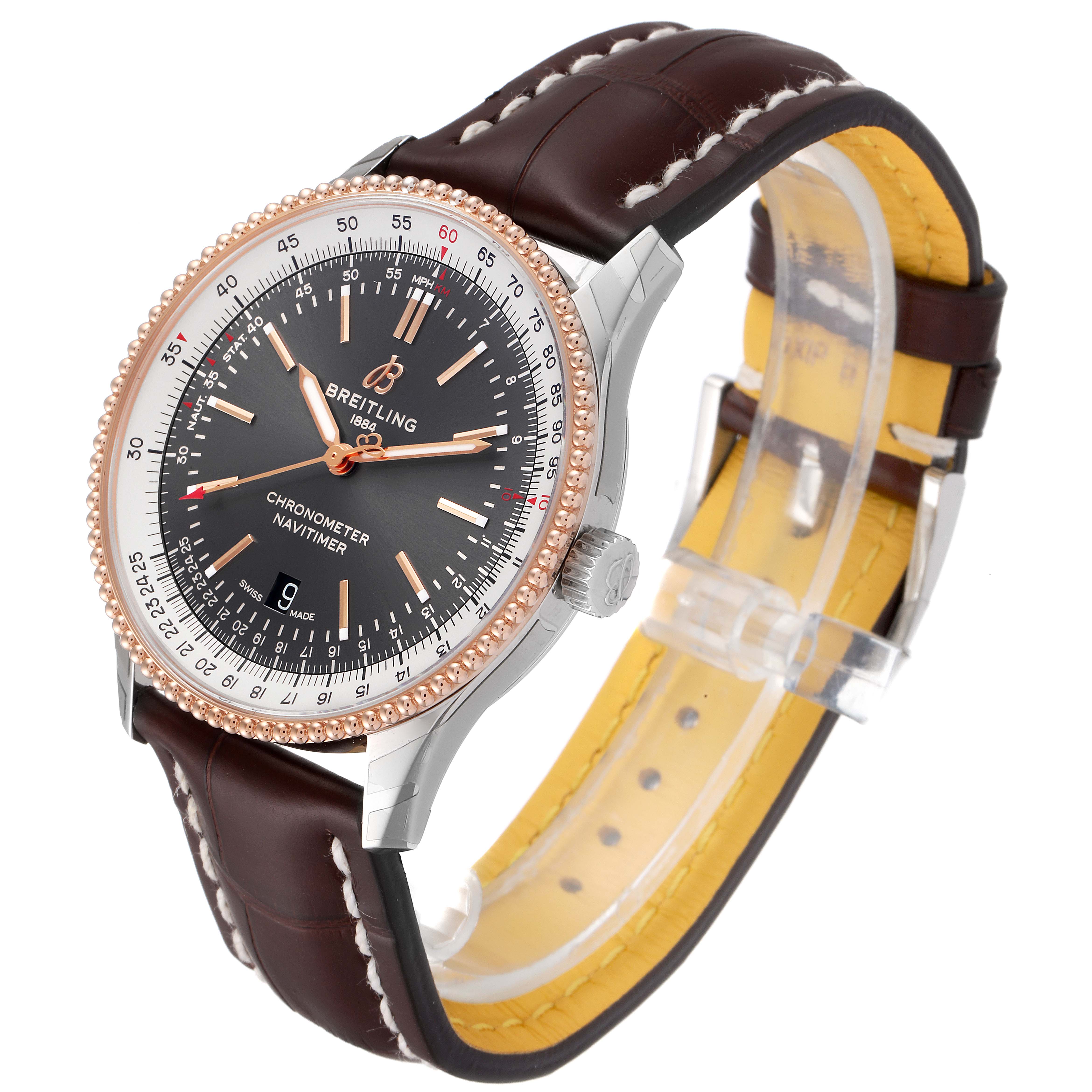 The image shows a side and partial top view of the Breitling Navitimer U17326211M1P1 Men's Stainless Steel Grey Dial U17326211M1P1 Men's Stainless Steel Grey Dial watch, displaying its face, bezel, and leather strap.