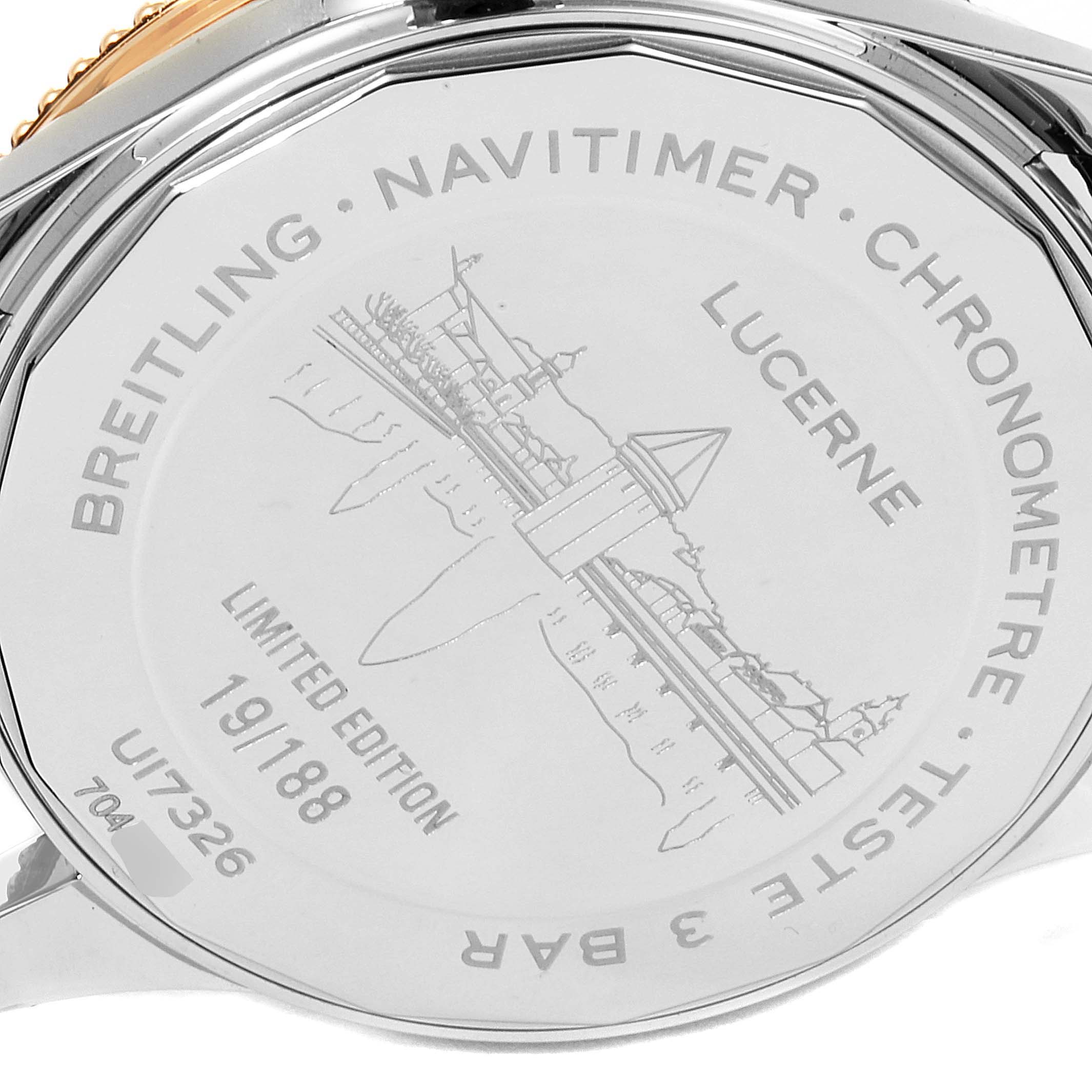 This image shows the engraved back case of a Breitling Navitimer U17326211M1P1 Men's Stainless Steel Grey Dial U17326211M1P1 Men's Stainless Steel Grey Dial watch, indicating it is a limited edition.