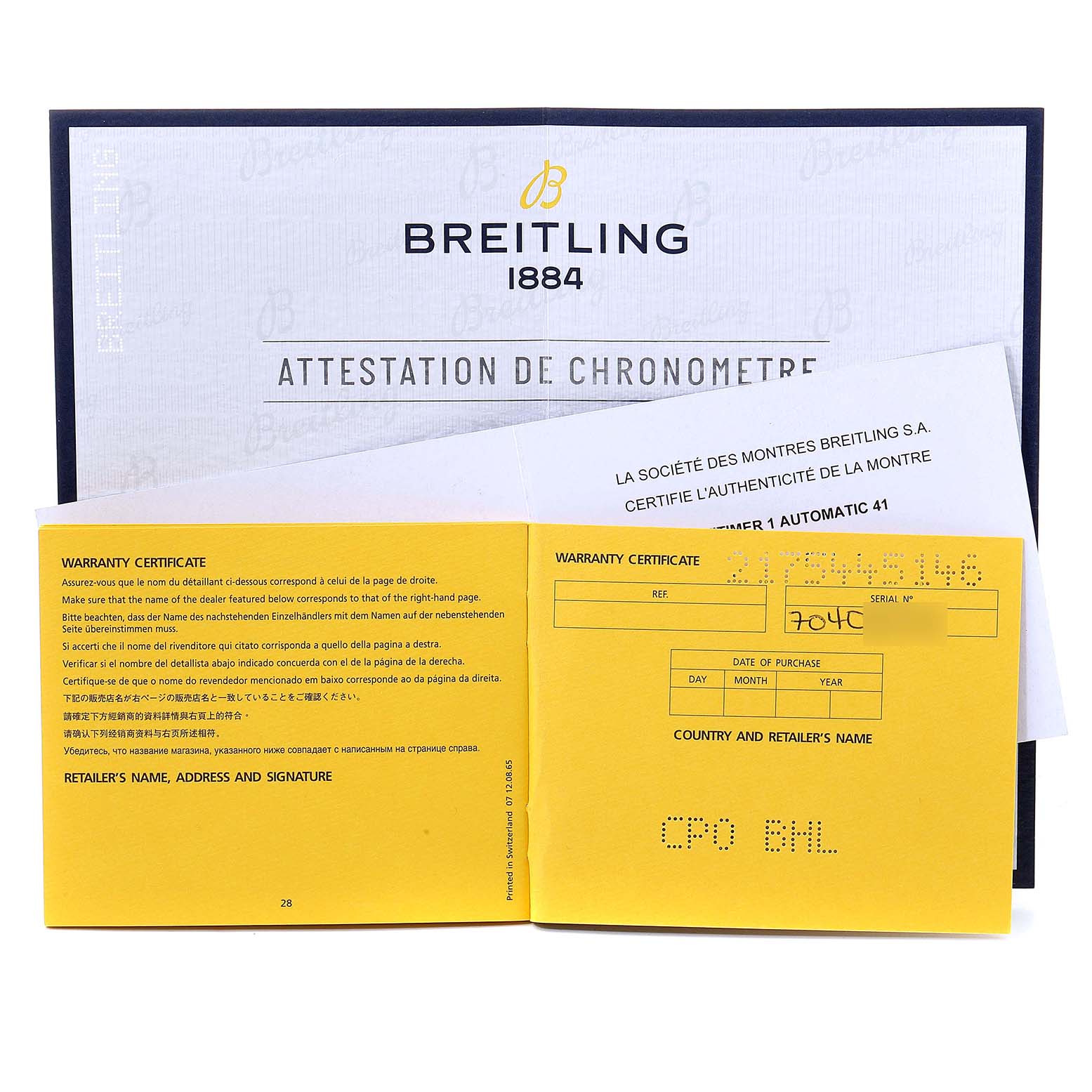 The image shows warranty certificates and paperwork for a Breitling Navitimer U17326211M1P1 Men's Stainless Steel Grey Dial U17326211M1P1 Men's Stainless Steel Grey Dial model watch.