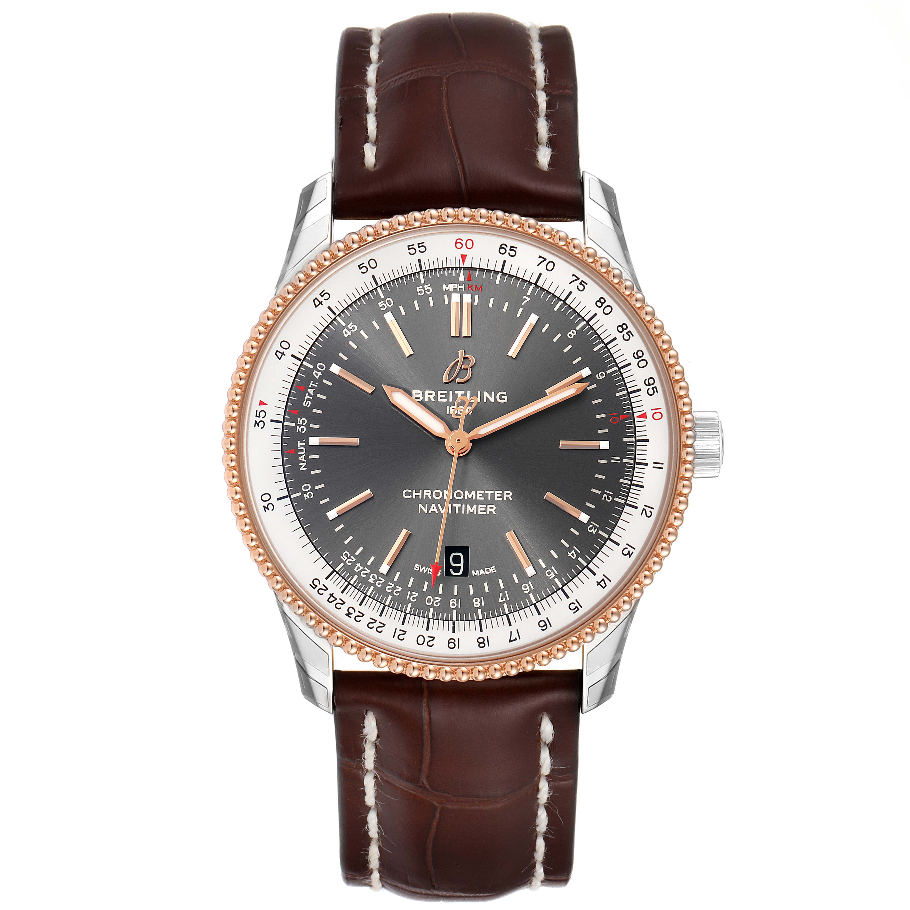 The image shows a front view of the Breitling Navitimer U17326211M1P1 Men's Stainless Steel Grey Dial U17326211M1P1 Men's Stainless Steel Grey Dial watch, highlighting its dial, bezel, and leather strap.