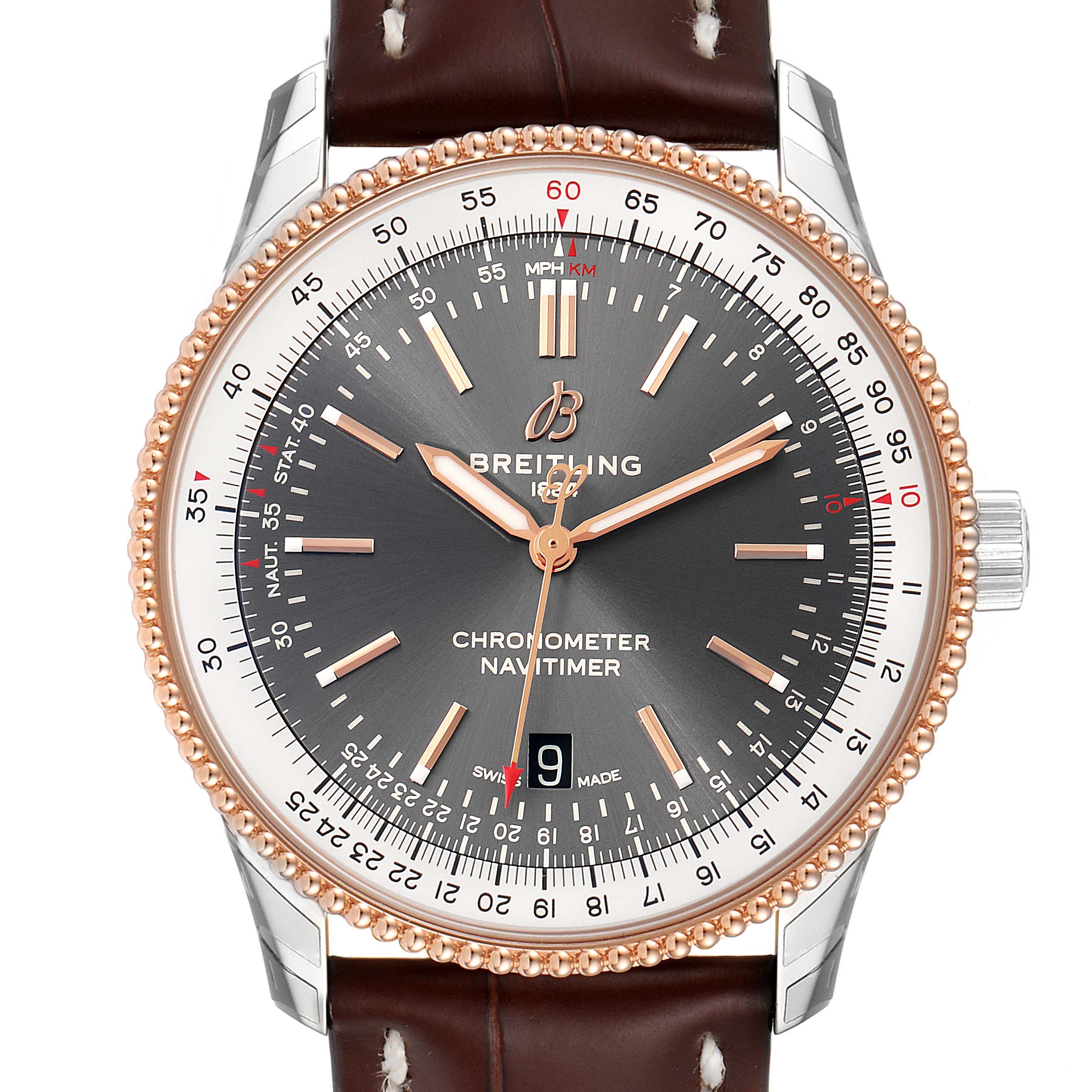 This is a front view of the Breitling Navitimer U17326211M1P1 Men's Stainless Steel Grey Dial U17326211M1P1 Men's Stainless Steel Grey Dial, showcasing the watch face, bezel, crown, and leather strap.