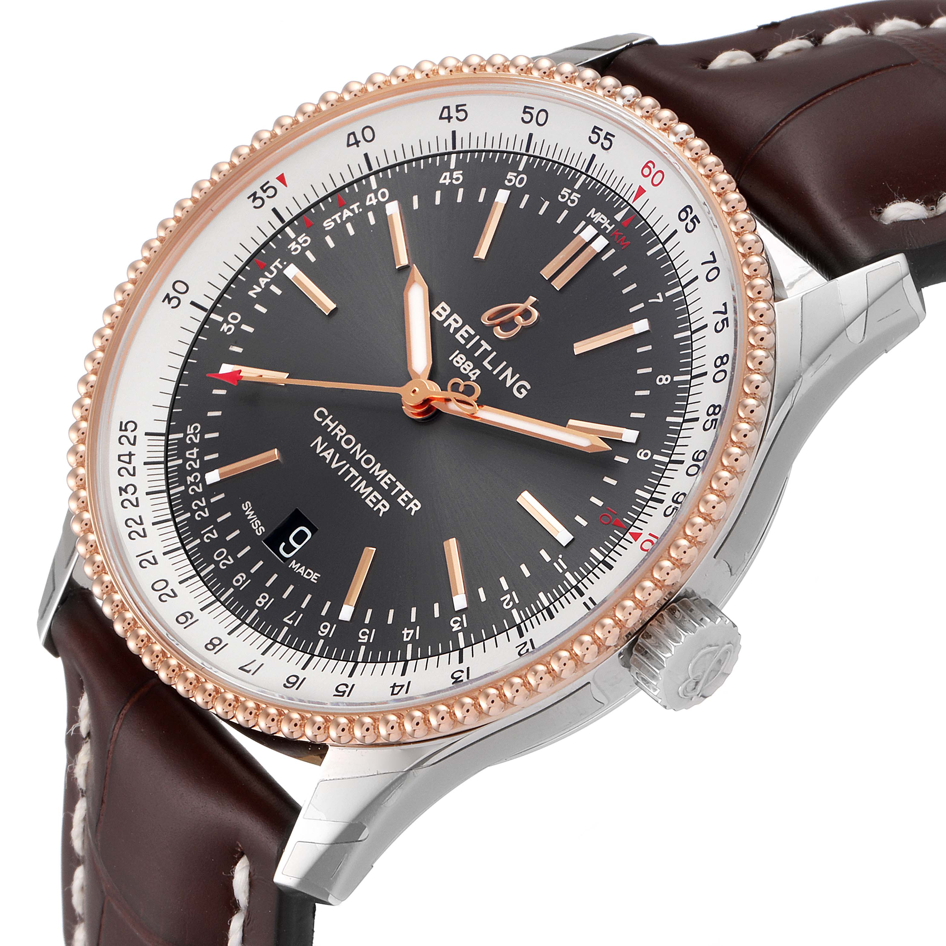 The image shows a close-up angled view of the dial and part of the strap of the Breitling Navitimer U17326211M1P1 Men's Stainless Steel Grey Dial U17326211M1P1 Men's Stainless Steel Grey Dial watch.