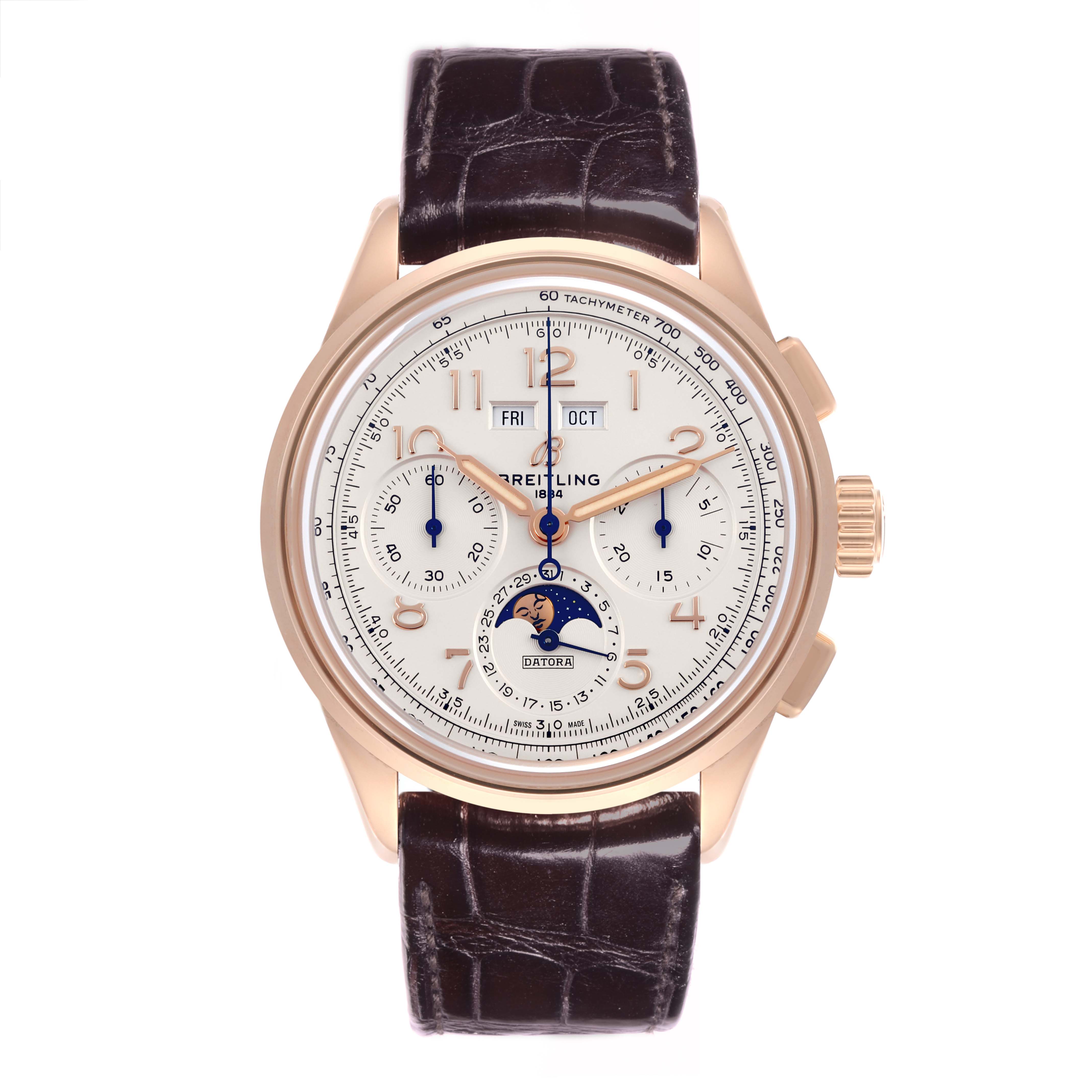 The Breitling Premier RB2510 Men's Rose Gold Silver Dial RB2510 Men's Rose Gold Silver Dial watch is shown from the front, displaying its face, dials, and brown leather strap.