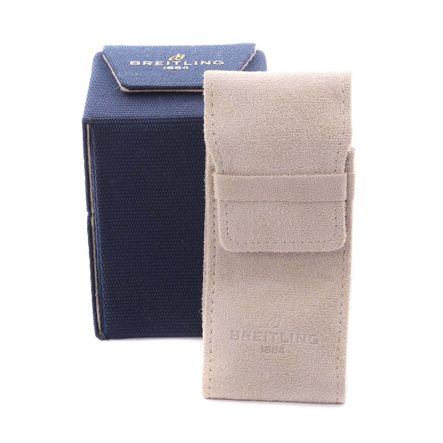 The image shows a Breitling Premier RB2510 Men's Rose Gold Silver Dial RB2510 Men's Rose Gold Silver Dial watch box and a beige suede pouch, viewed from the front.