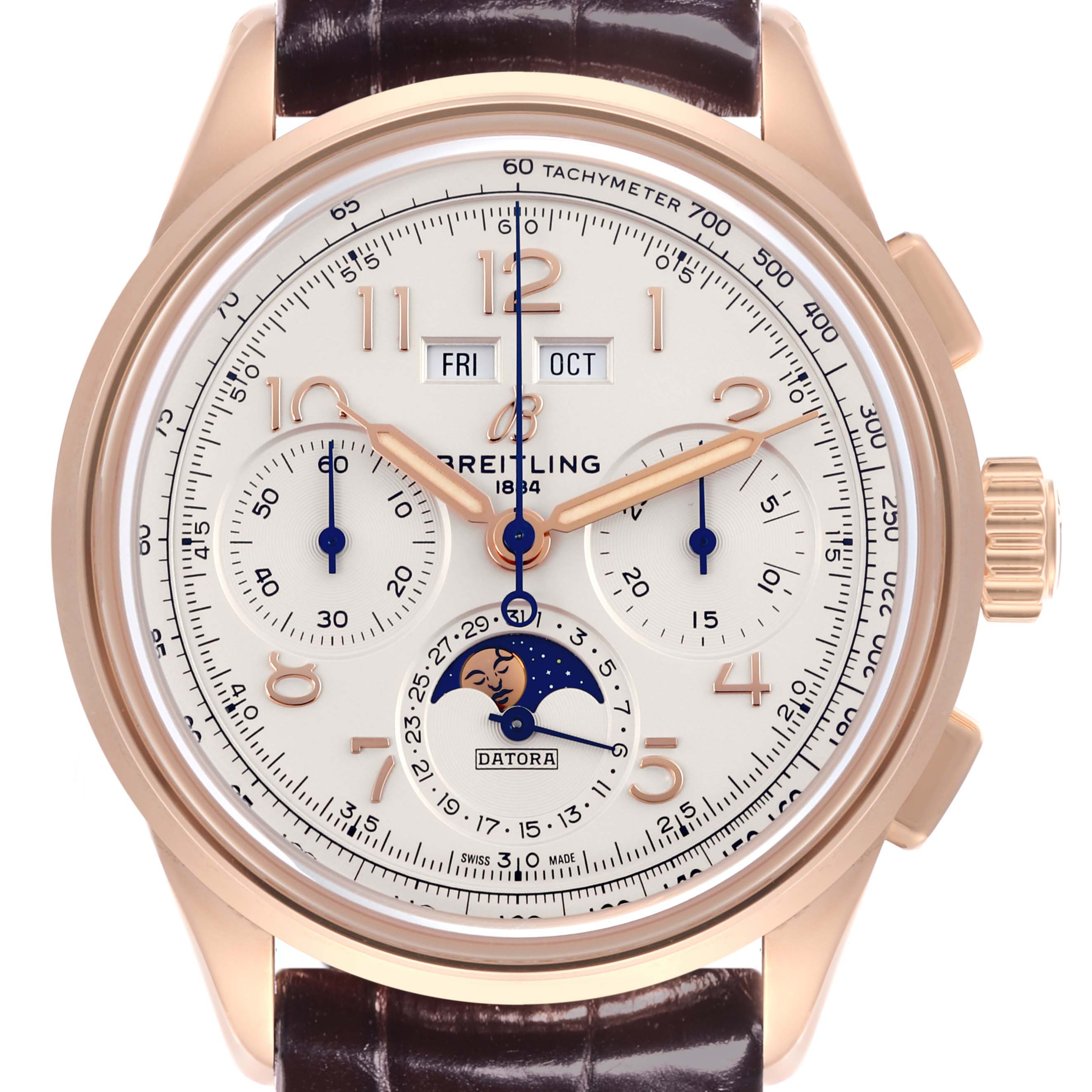The Breitling Premier RB2510 Men's Rose Gold Silver Dial RB2510 Men's Rose Gold Silver Dial watch is shown from the front, displaying its dial, subdials, date window, and moon phase complication.
