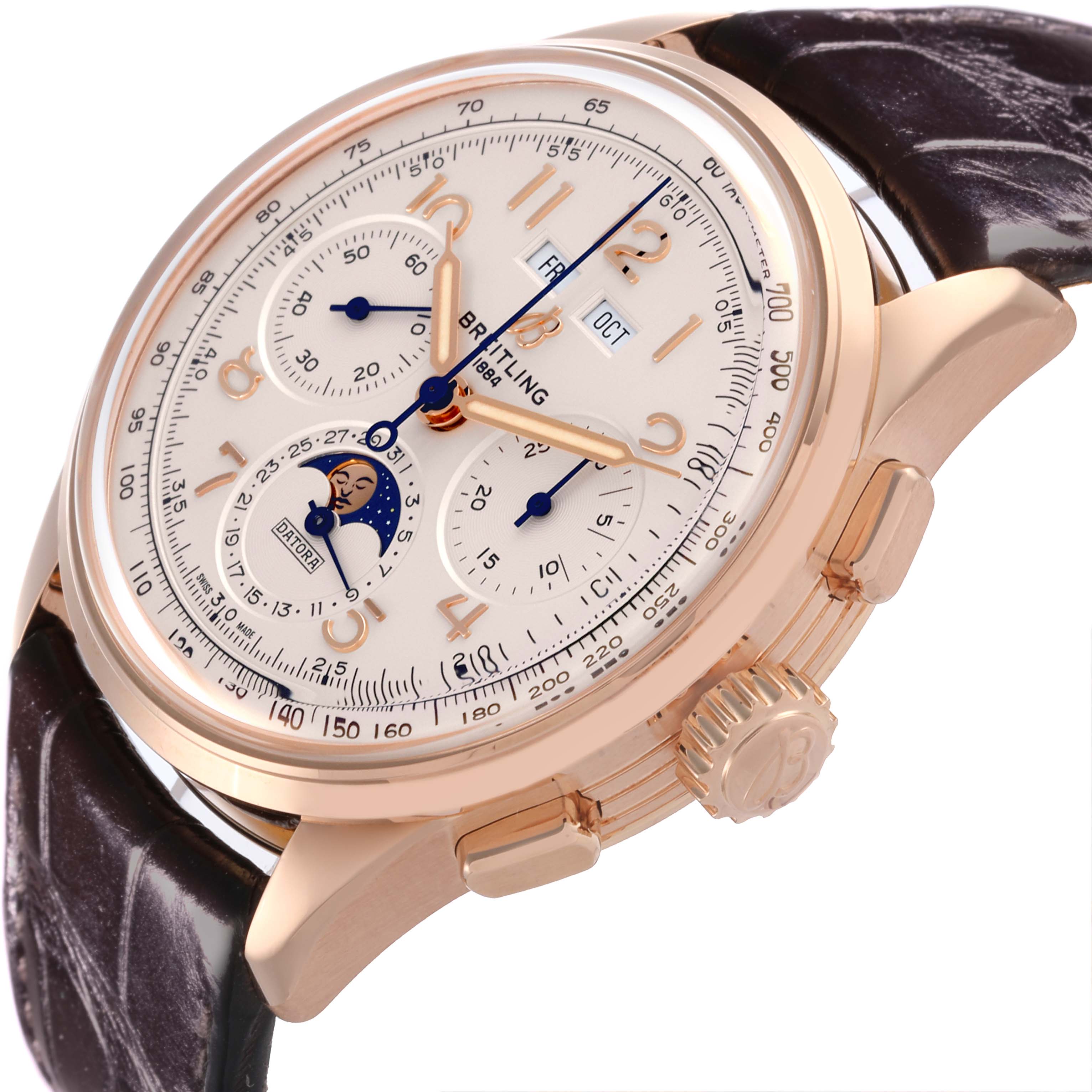 The Breitling Premier RB2510 Men's Rose Gold Silver Dial RB2510 Men's Rose Gold Silver Dial watch is shown from a tilted angle, highlighting the dial, subdials, case, crown, and leather strap.