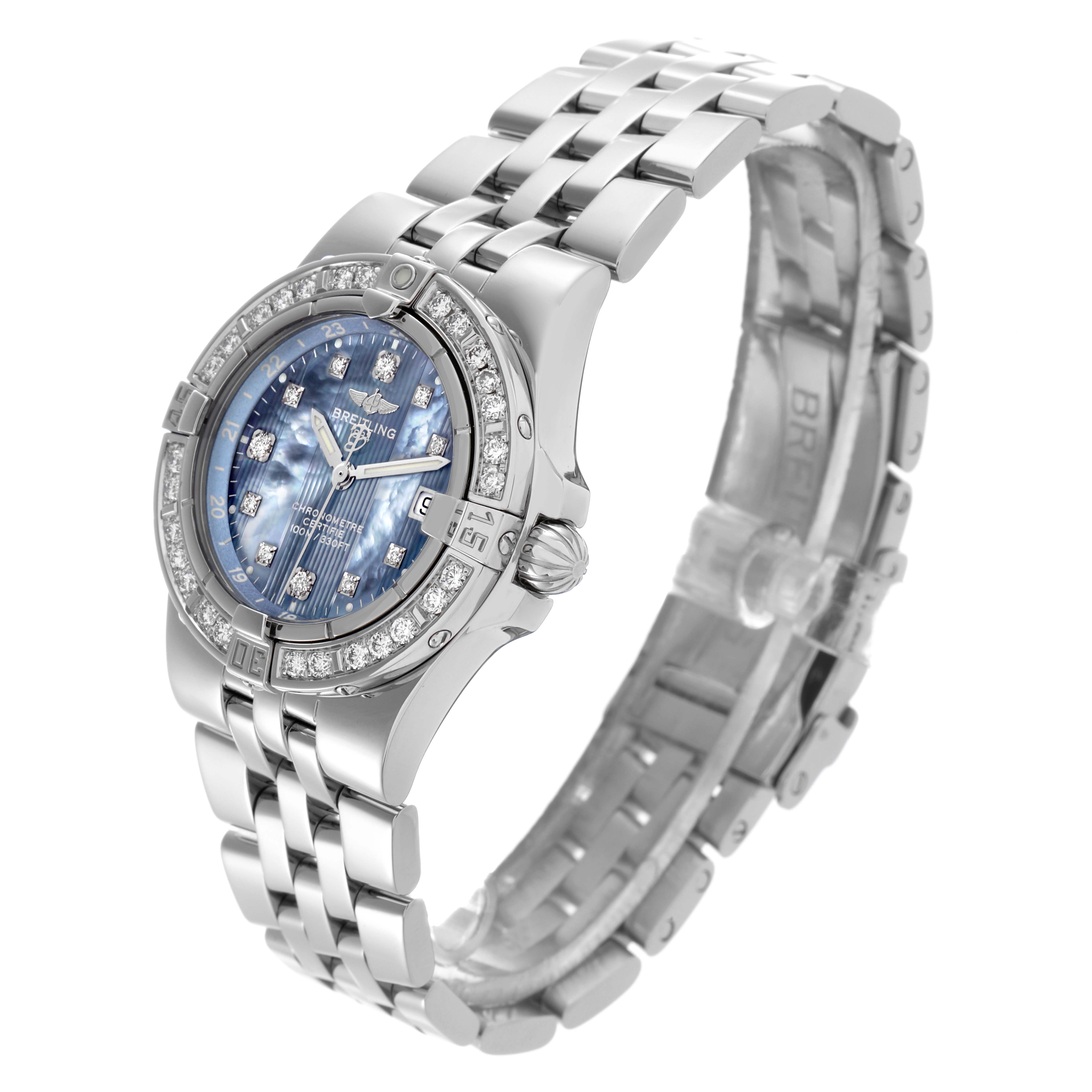 The Breitling A7134053/B798 Women's Stainless Steel Mother of Pearl Dial A7134053/B798 Women's Stainless Steel Mother of Pearl Dial Starliner watch is shown at a three-quarter angle, highlighting its blue mother of pearl dial, diamond bezel, and steel bracelet.