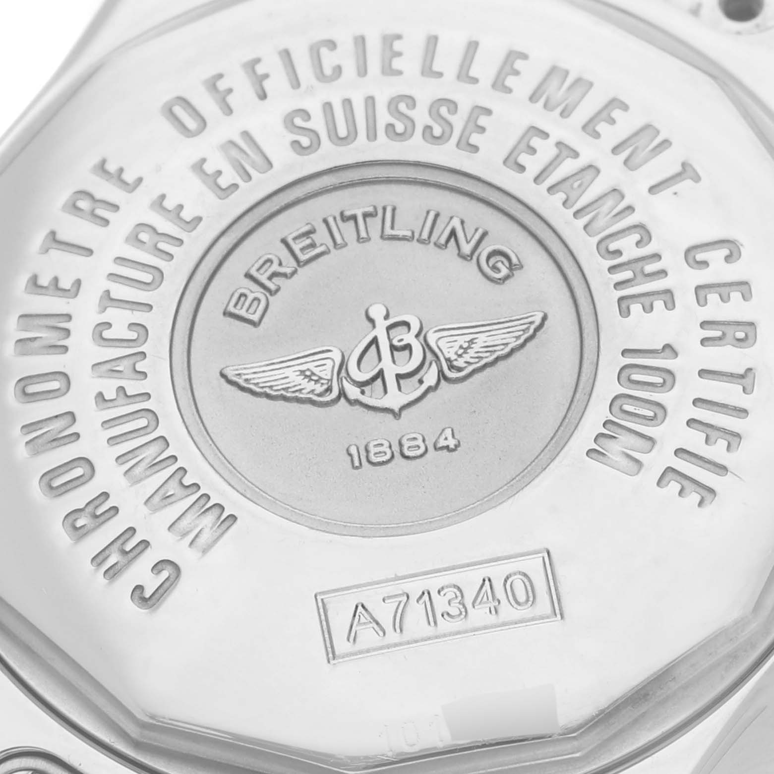 The image shows the backside of the Breitling A7134053/B798 Women's Stainless Steel Mother of Pearl Dial A7134053/B798 Women's Stainless Steel Mother of Pearl Dial Starliner model A71340, featuring engraved details and branding.