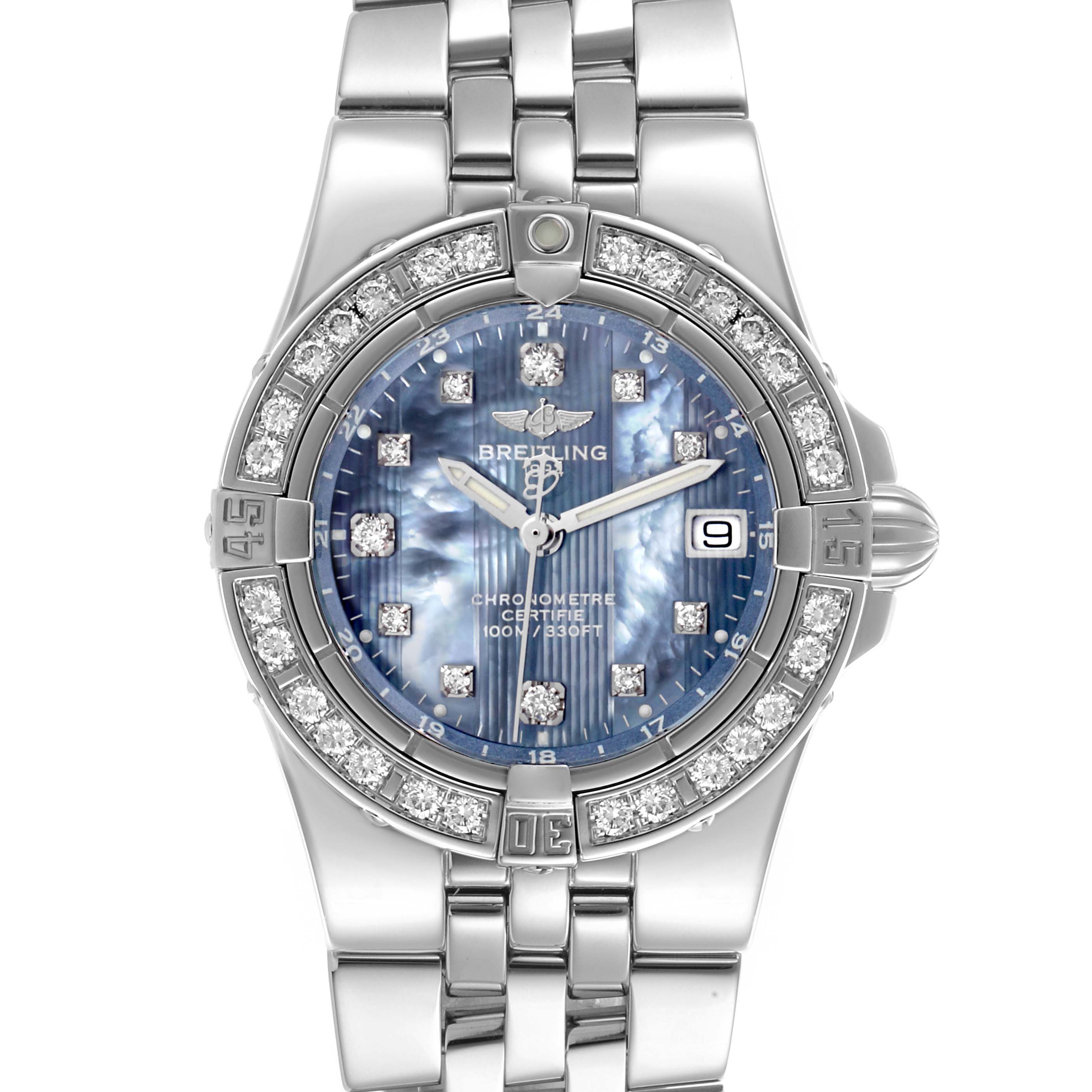 The Breitling A7134053/B798 Women's Stainless Steel Mother of Pearl Dial A7134053/B798 Women's Stainless Steel Mother of Pearl Dial Starliner Blue Mother Of Pearl Diamond Steel Ladies Watch A71340 is shown from the front, highlighting the face and bracelet.