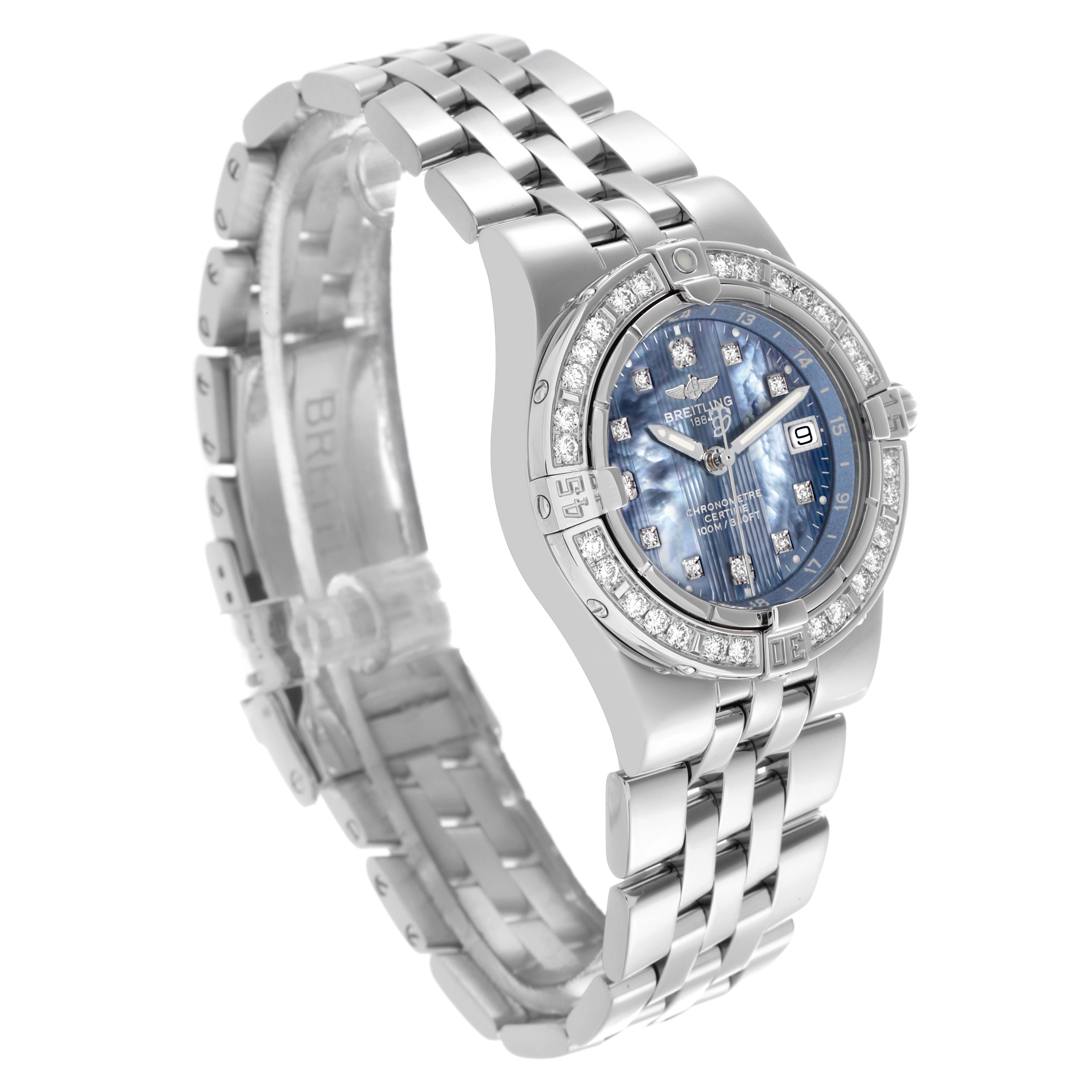 The Breitling A7134053/B798 Women's Stainless Steel Mother of Pearl Dial A7134053/B798 Women's Stainless Steel Mother of Pearl Dial Starliner A71340 watch is shown at a three-quarter angle, highlighting the blue mother of pearl dial, diamond bezel, and metal bracelet.