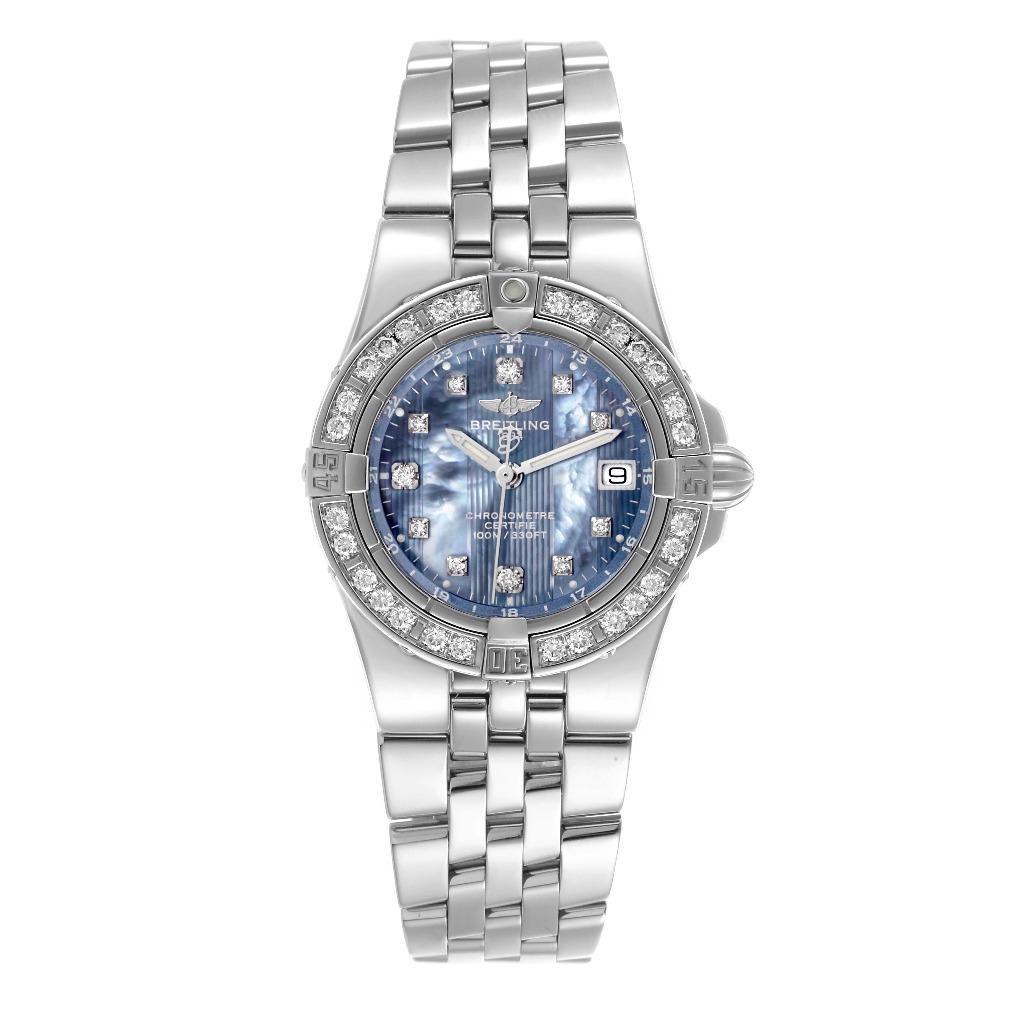 The Breitling A7134053/B798 Women's Stainless Steel Mother of Pearl Dial A7134053/B798 Women's Stainless Steel Mother of Pearl Dial Starliner A71340 watch is shown from the front, displaying the blue mother-of-pearl dial, diamond bezel, and steel bracelet.