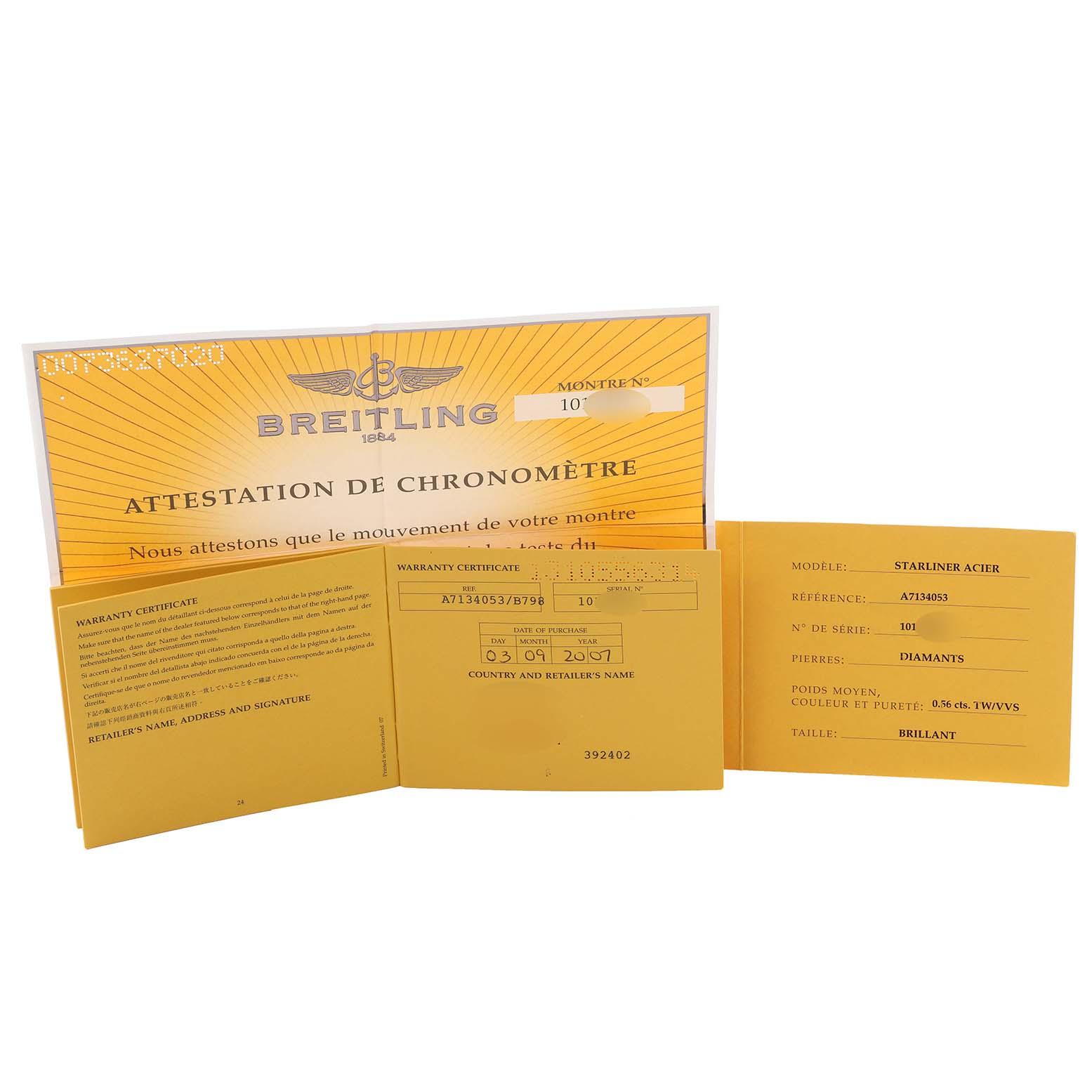 The image shows the documentation and warranty papers for the Breitling A7134053/B798 Women's Stainless Steel Mother of Pearl Dial A7134053/B798 Women's Stainless Steel Mother of Pearl Dial Starliner Blue Mother Of Pearl Diamond Steel Ladies Watch A71340.