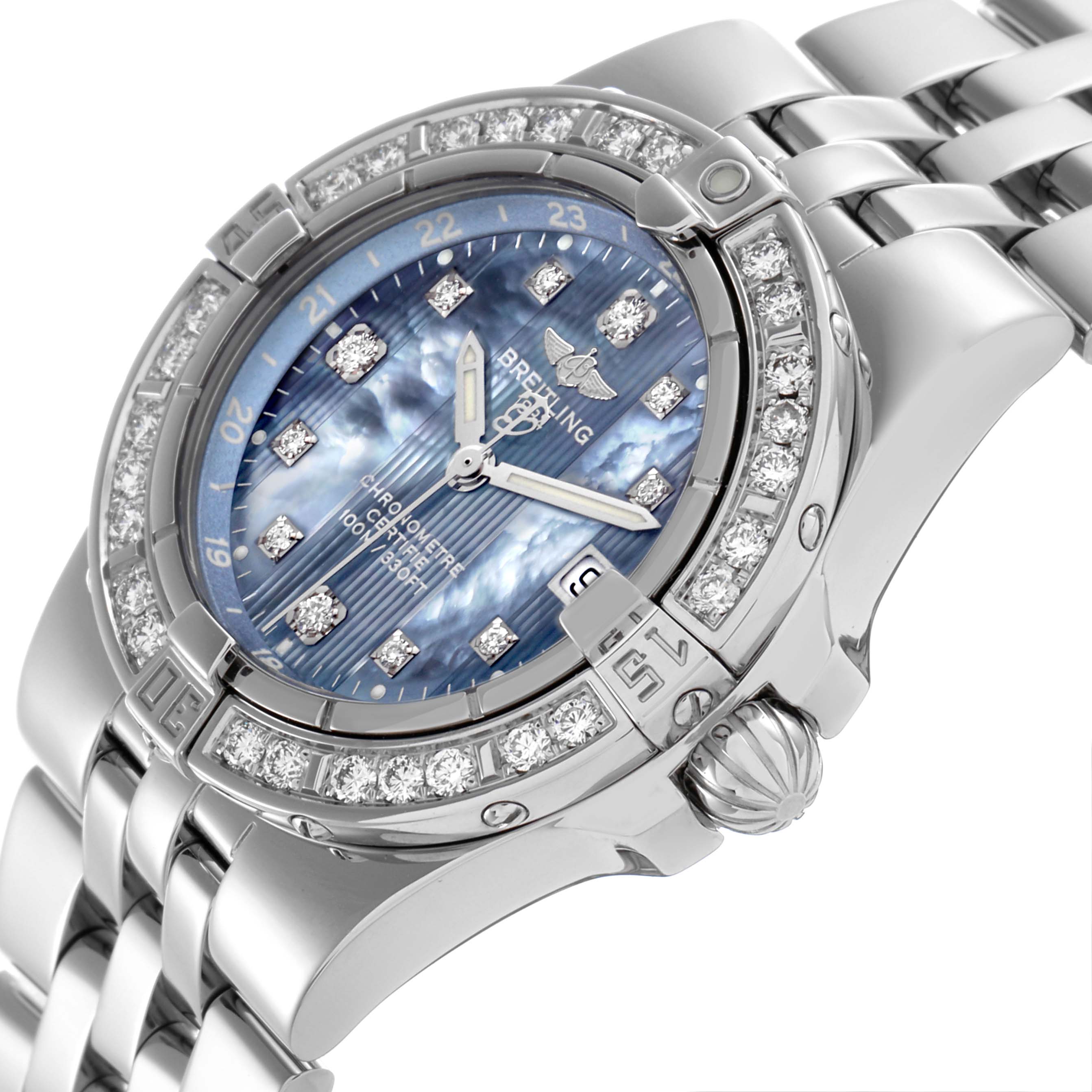 The Breitling A7134053/B798 Women's Stainless Steel Mother of Pearl Dial A7134053/B798 Women's Stainless Steel Mother of Pearl Dial Starliner Blue Mother Of Pearl Diamond Steel Ladies Watch A71340 is shown at an angle highlighting its diamond bezel and bracelet.