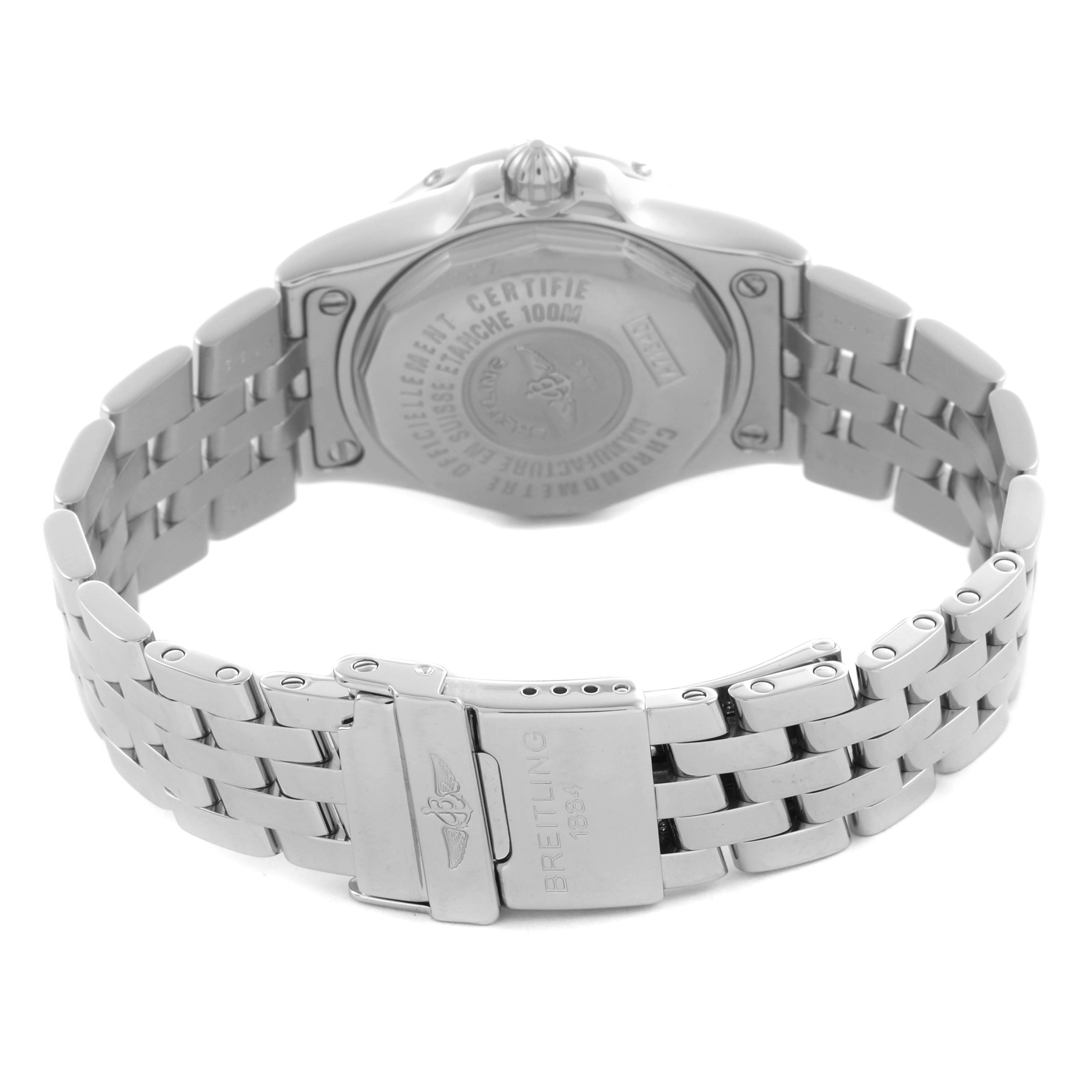 The image shows the back of the Breitling A7134053/B798 Women's Stainless Steel Mother of Pearl Dial A7134053/B798 Women's Stainless Steel Mother of Pearl Dial Starliner A71340 watch, highlighting the case back and bracelet clasp.