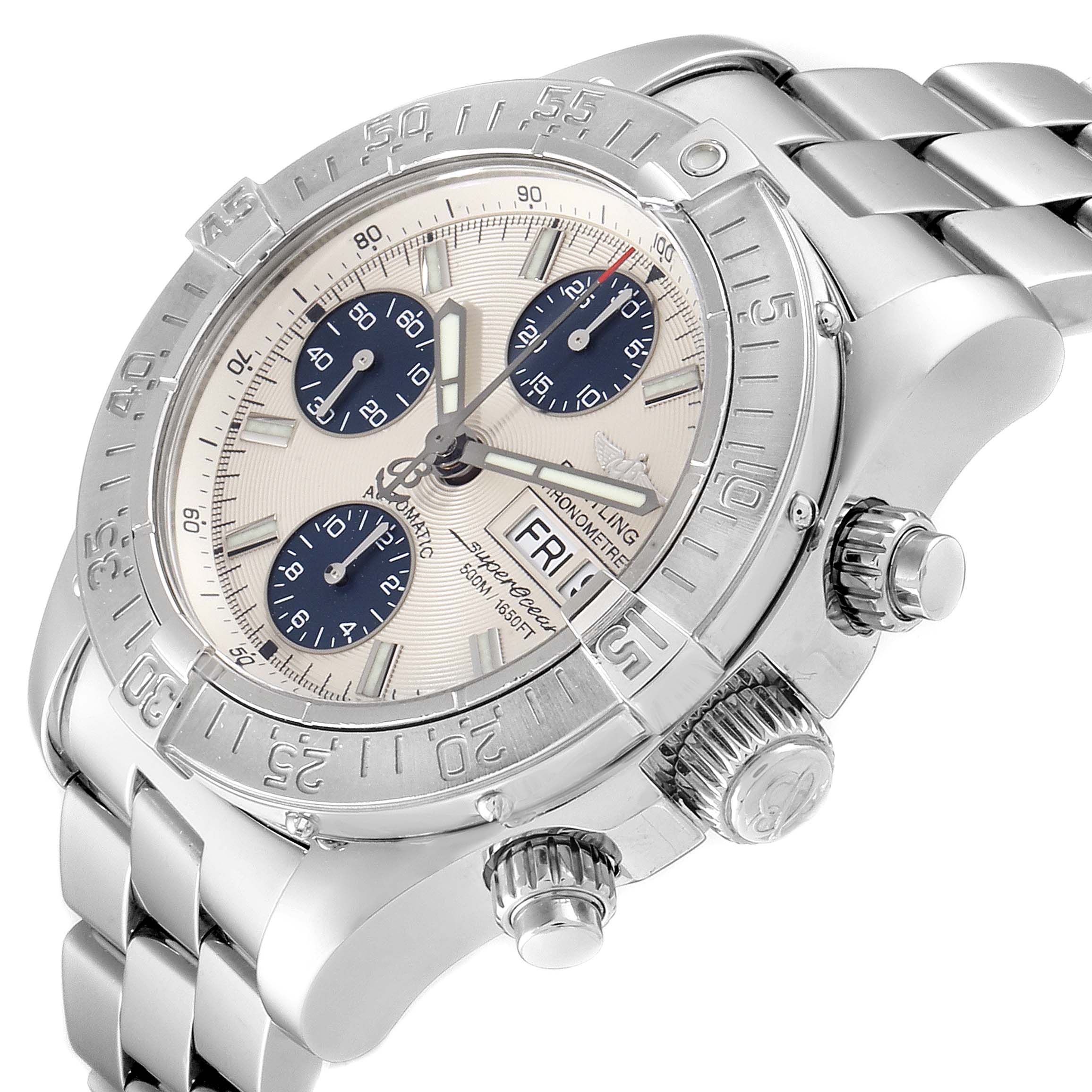 The image shows a Breitling Superocean A13340 Men
s Stainless Steel Beige Dial A13340 Men
s Stainless Steel Beige Dial watch from an angled view highlighting its bezel, crown, chronograph dials, and stainless steel bracelet.