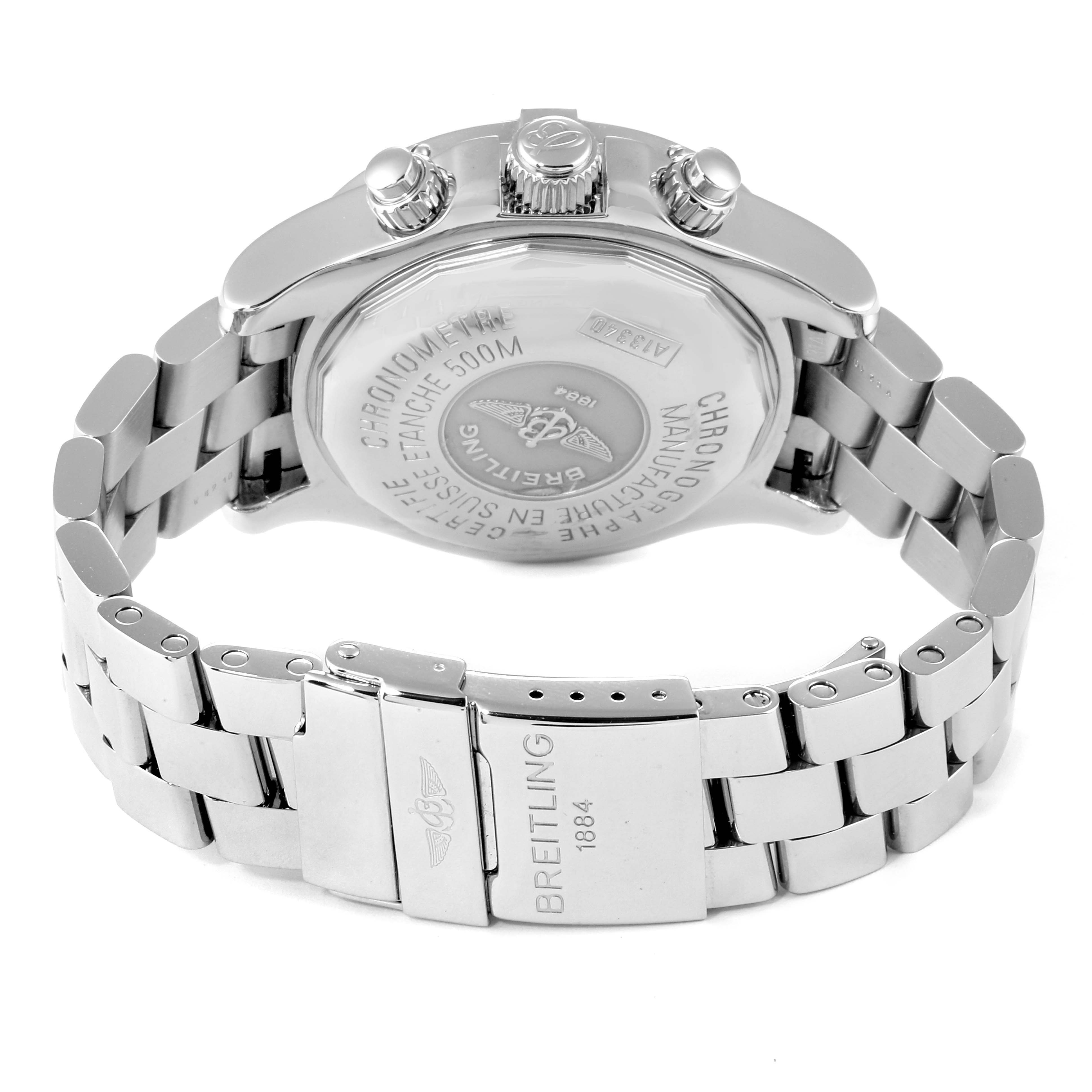 The image shows the back case and stainless steel bracelet of the Breitling Superocean A13340 Men
s Stainless Steel Beige Dial A13340 Men
s Stainless Steel Beige Dial watch at a slight angle.