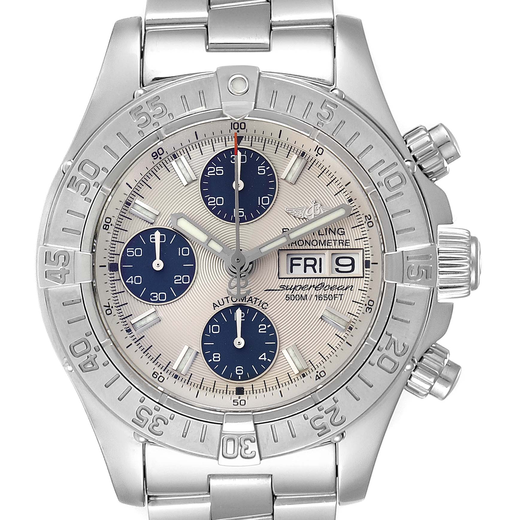 This image shows a frontal view of the Breitling Superocean A13340 Men
s Stainless Steel Beige Dial A13340 Men
s Stainless Steel Beige Dial watch, highlighting its face, bezel, and bracelet.