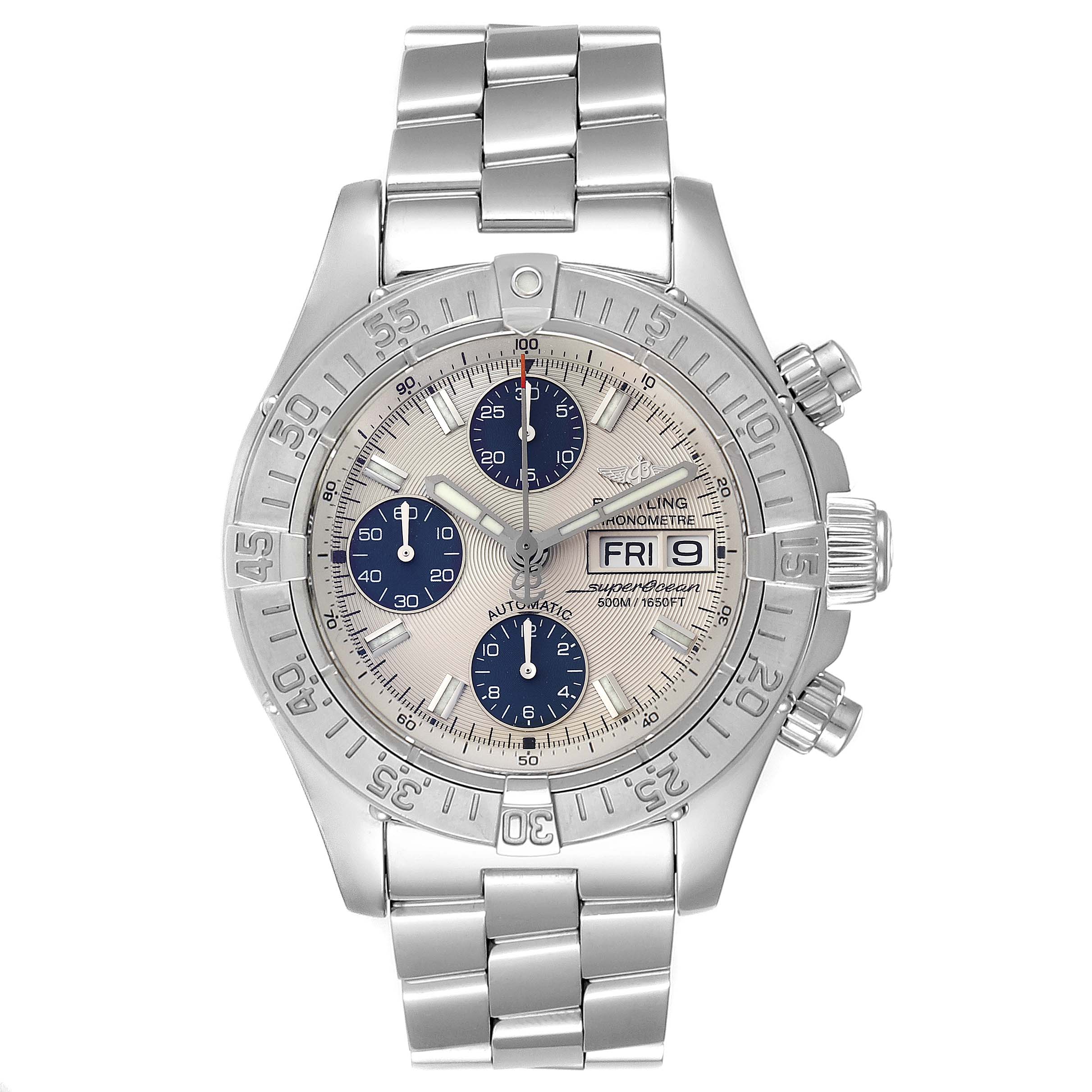 This is a front view of a Breitling Superocean A13340 Men
s Stainless Steel Beige Dial A13340 Men
s Stainless Steel Beige Dial watch showing the dial, bracelet, and chronograph pushers.