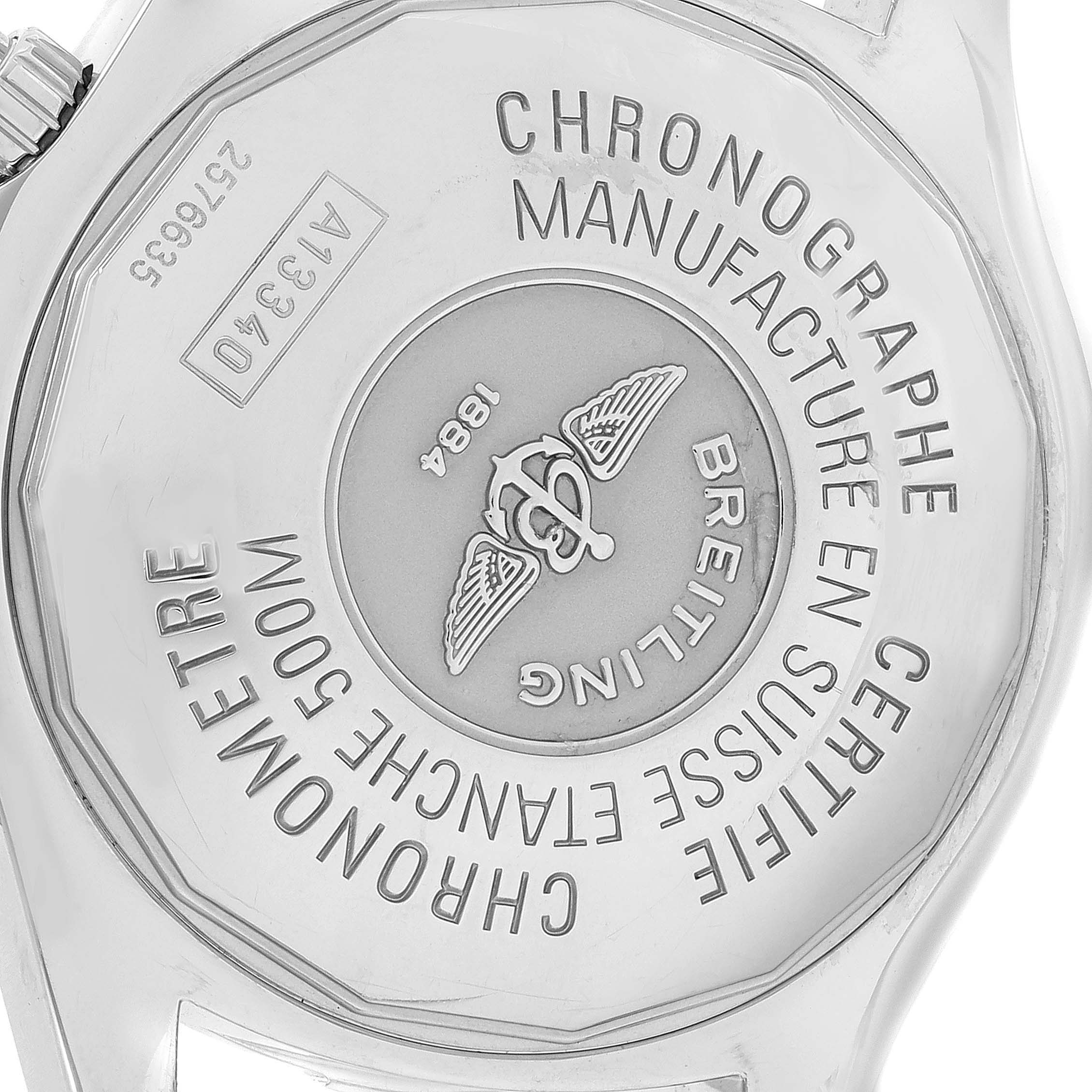 The image shows the back case of a Breitling Superocean A13340 Men
s Stainless Steel Beige Dial A13340 Men
s Stainless Steel Beige Dial watch, displaying various engravings and the brand logo.