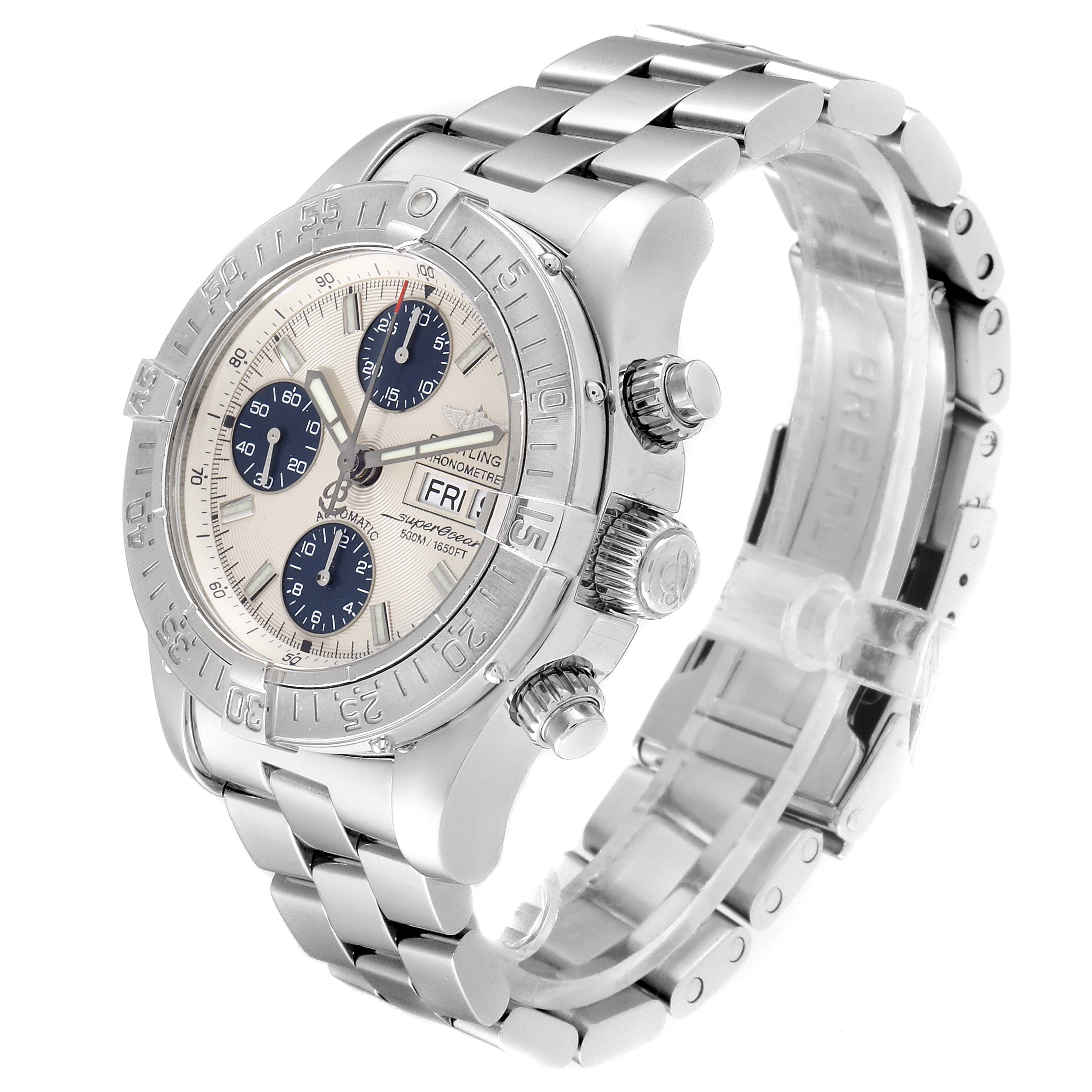 The Breitling Superocean A13340 Men
s Stainless Steel Beige Dial A13340 Men
s Stainless Steel Beige Dial watch is shown at an angled view highlighting its face, three subdials, bezel, and metal bracelet.