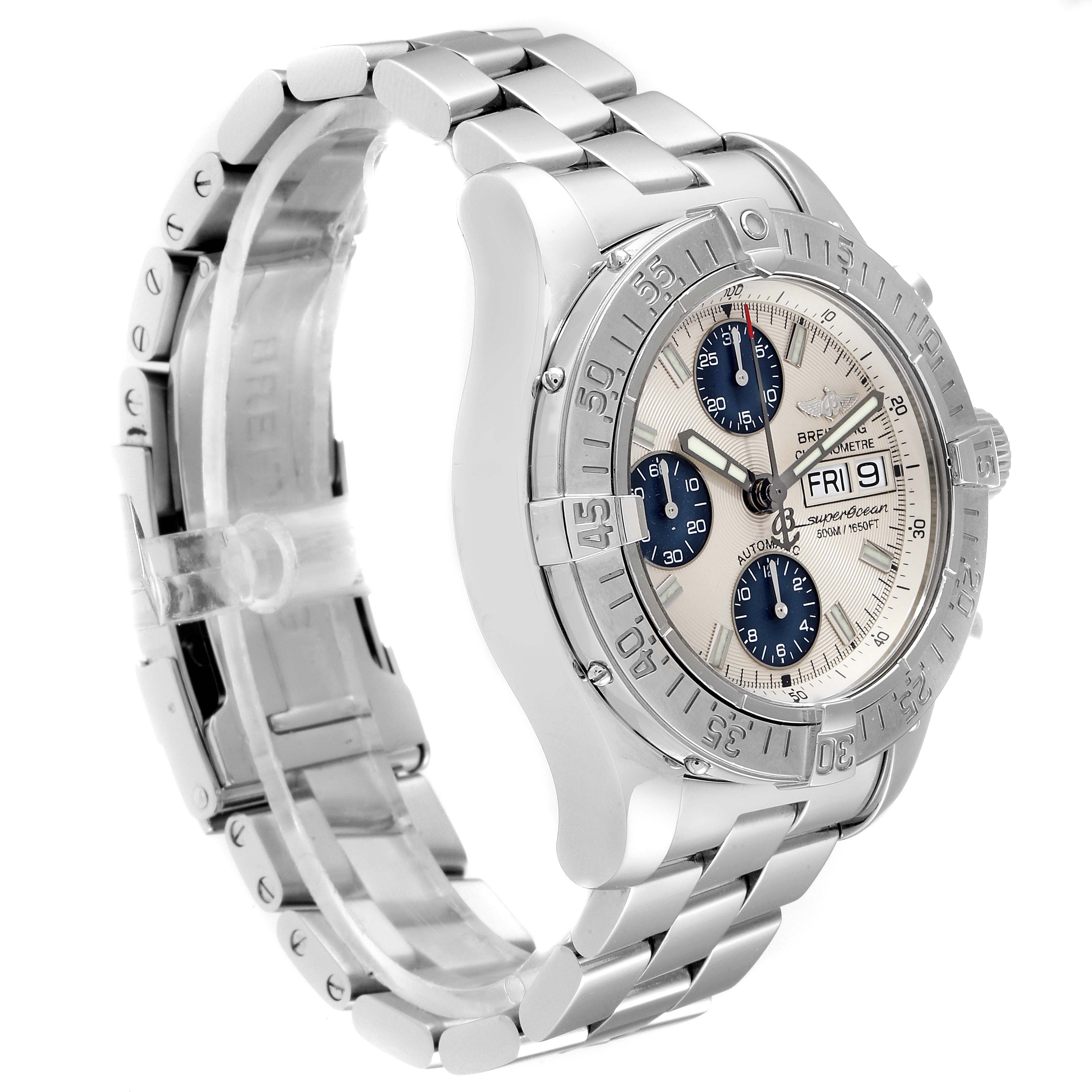 The Breitling Superocean A13340 Men
s Stainless Steel Beige Dial A13340 Men
s Stainless Steel Beige Dial watch is shown at an angle highlighting the bezel, dial, and metal bracelet.