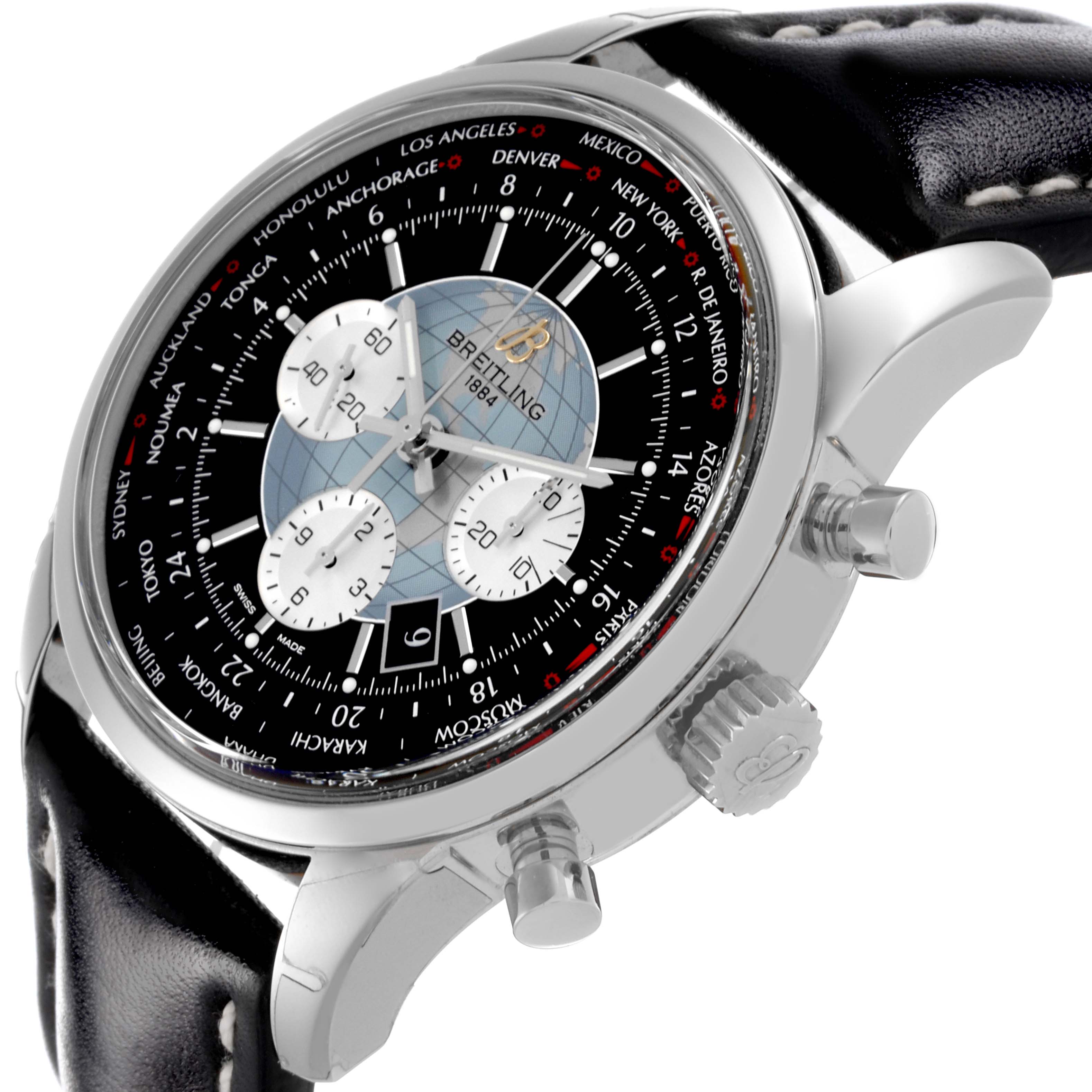 The Breitling Transocean AB0510 Men's Stainless Steel Black Dial AB0510 Men's Stainless Steel Black Dial watch is shown at an angle highlighting the face, bezel, subdials, crown, and part of the black leather strap.