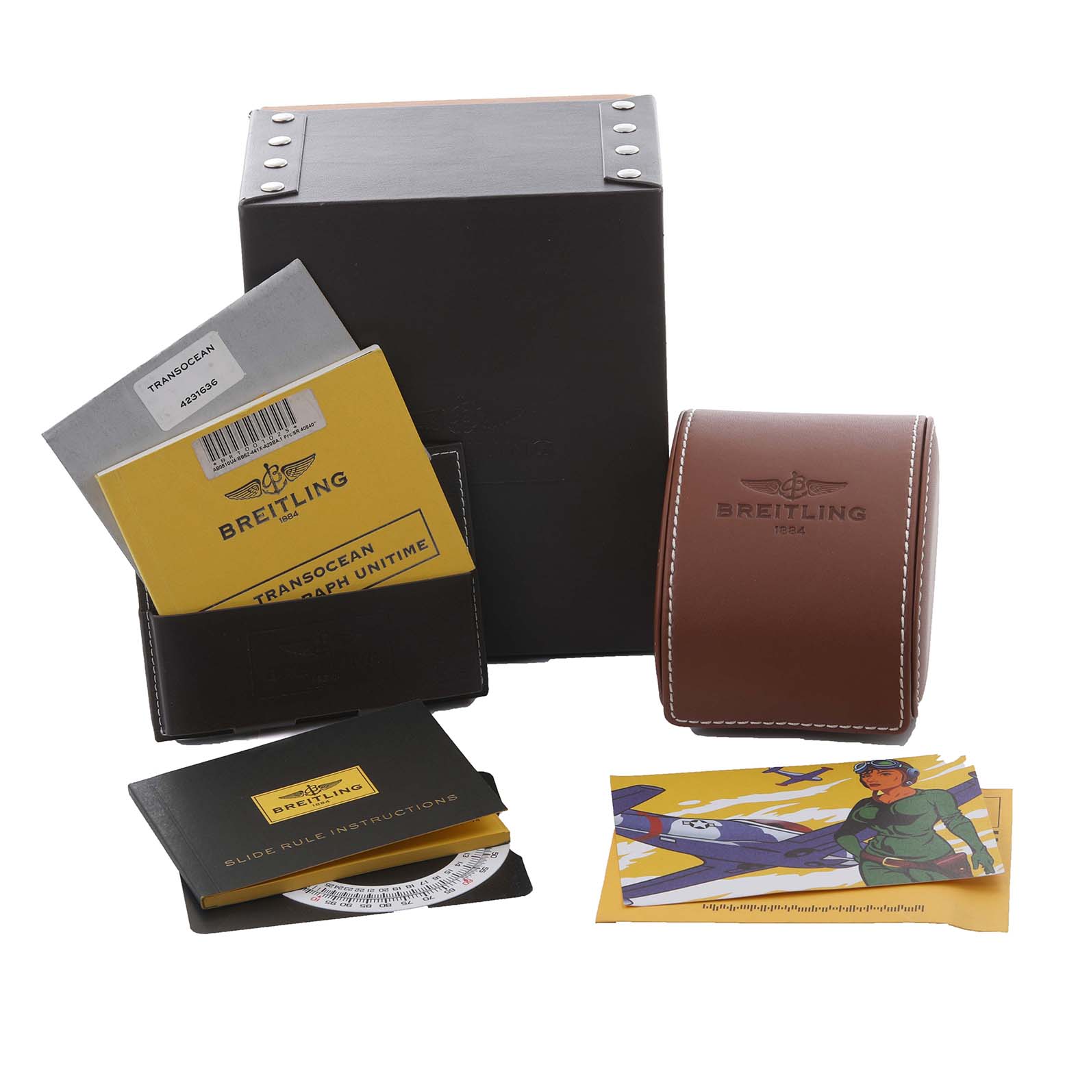 The image shows the Breitling Transocean AB0510 Men's Stainless Steel Black Dial AB0510 Men's Stainless Steel Black Dial packaging, manuals, and accessories from a front angle.