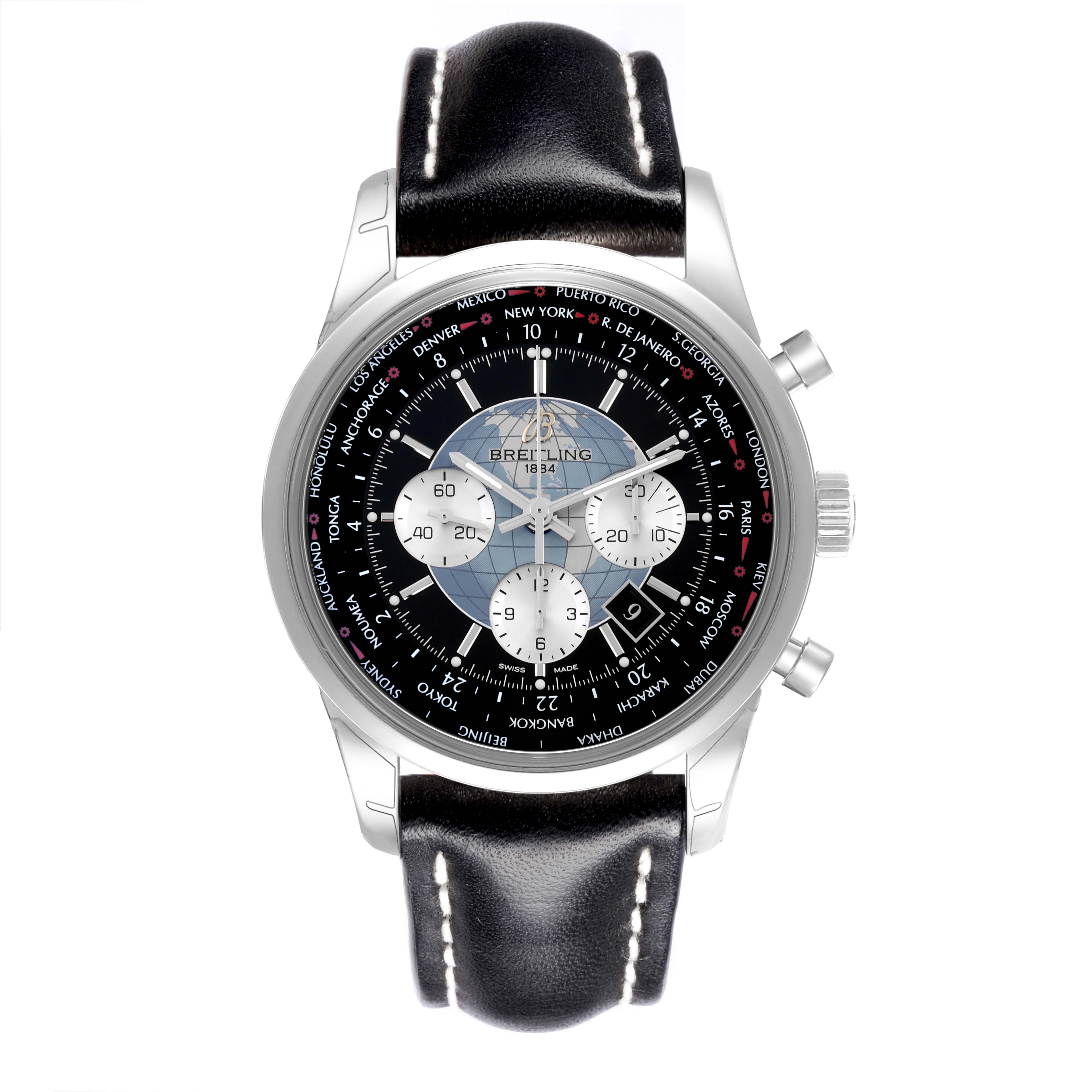 The Breitling Transocean AB0510 Men's Stainless Steel Black Dial AB0510 Men's Stainless Steel Black Dial is shown from a front view, displaying the dial, bezel, subdials, leather strap, and pushers.