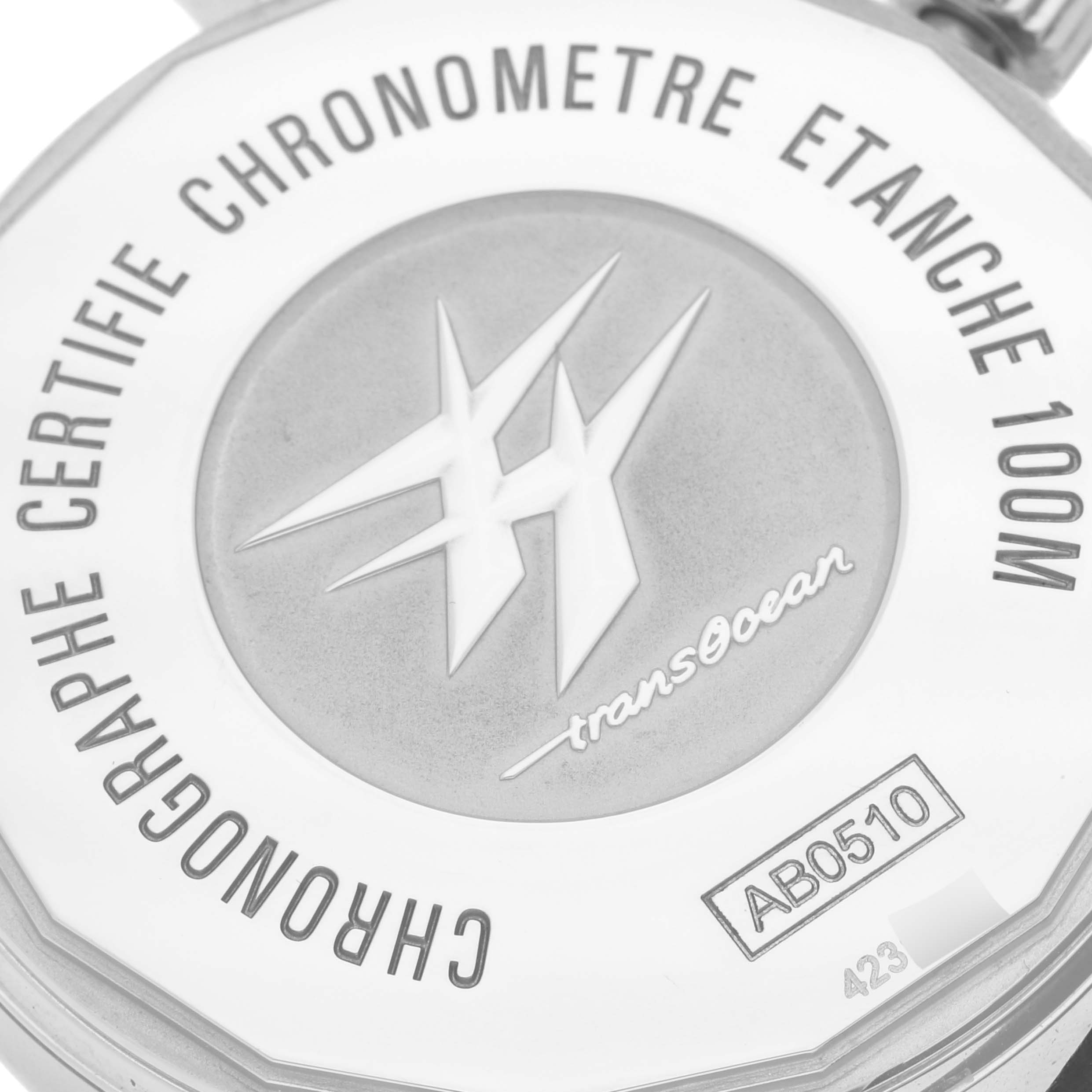 The image shows the back case of the Breitling Transocean AB0510 Men's Stainless Steel Black Dial AB0510 Men's Stainless Steel Black Dial, highlighting its engravings and model details.