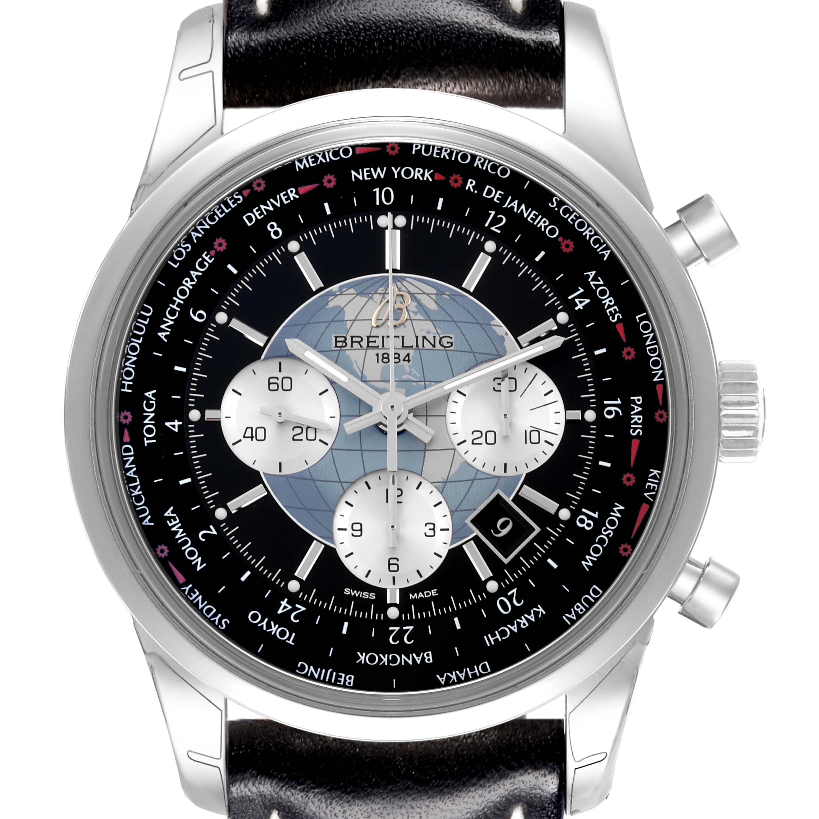 The Breitling Transocean AB0510 Men's Stainless Steel Black Dial AB0510 Men's Stainless Steel Black Dial watch is shown from the front, featuring its dial, chronograph subdials, and world time bezel.