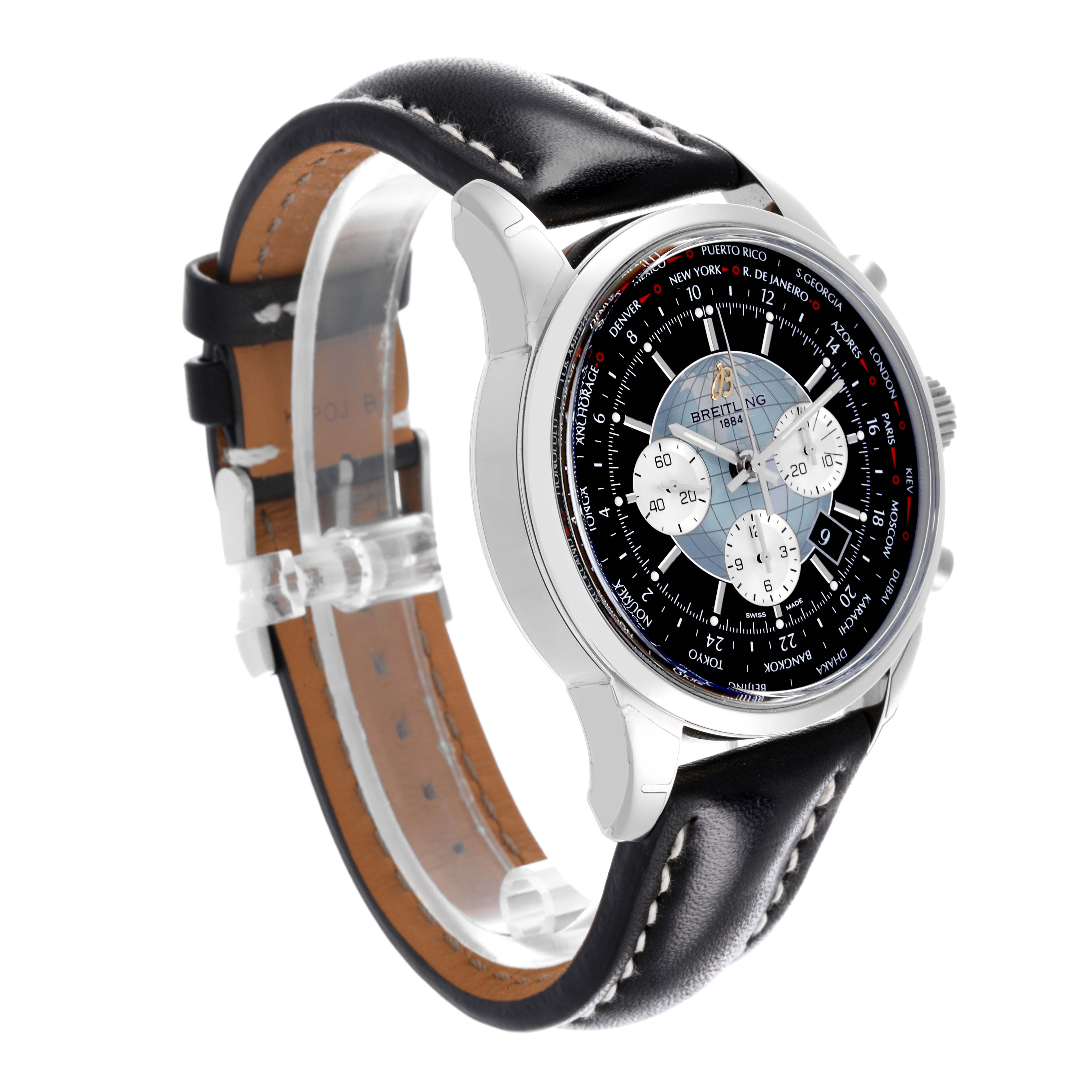 The Breitling Transocean AB0510 Men's Stainless Steel Black Dial AB0510 Men's Stainless Steel Black Dial watch is shown at a three-quarter angle, displaying the dial, bezel, crown, and leather strap.