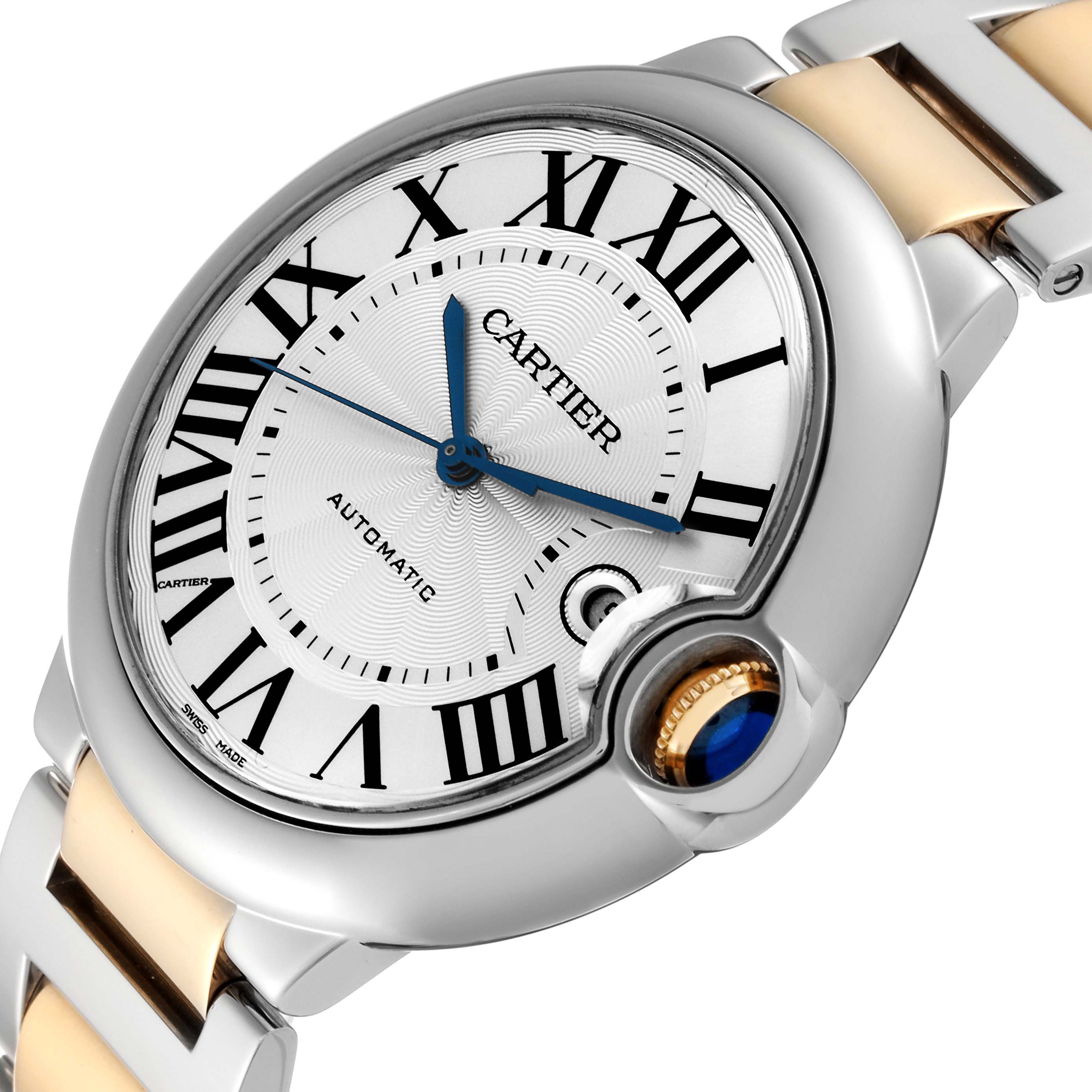 The image shows a close-up view of the Cartier Ballon Bleu W69009Z3 Men
s Steel and Gold (two tone) Silver Dial W69009Z3 Men
s Steel and Gold (two tone) Silver Dial watch, focusing on its dial, crown with blue cabochon, and part of the bracelet.
