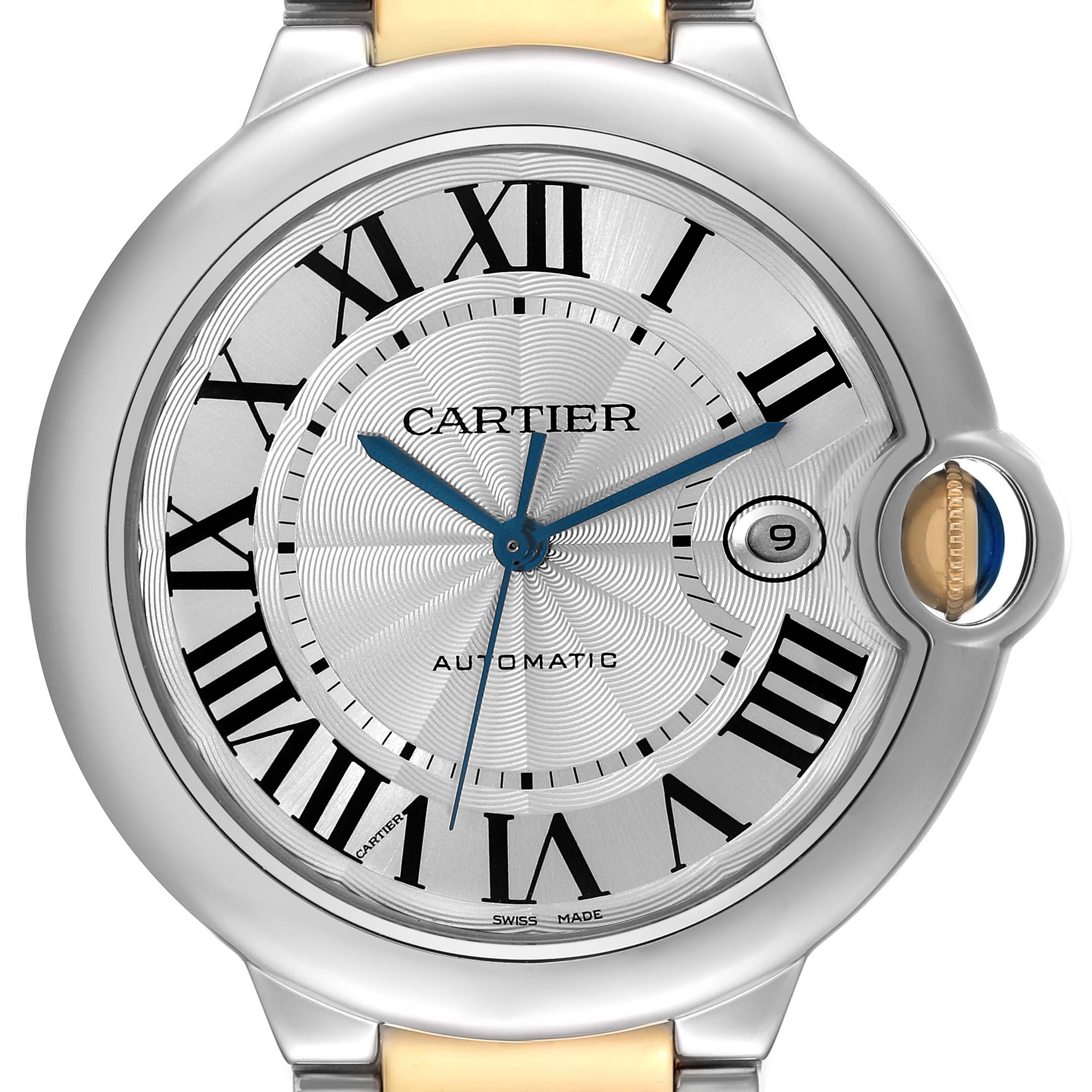The image shows a close-up of the Cartier Ballon Bleu W69009Z3 Men
s Steel and Gold (two tone) Silver Dial W69009Z3 Men
s Steel and Gold (two tone) Silver Dial model, highlighting the dial, Roman numerals, blue hands, and date window.