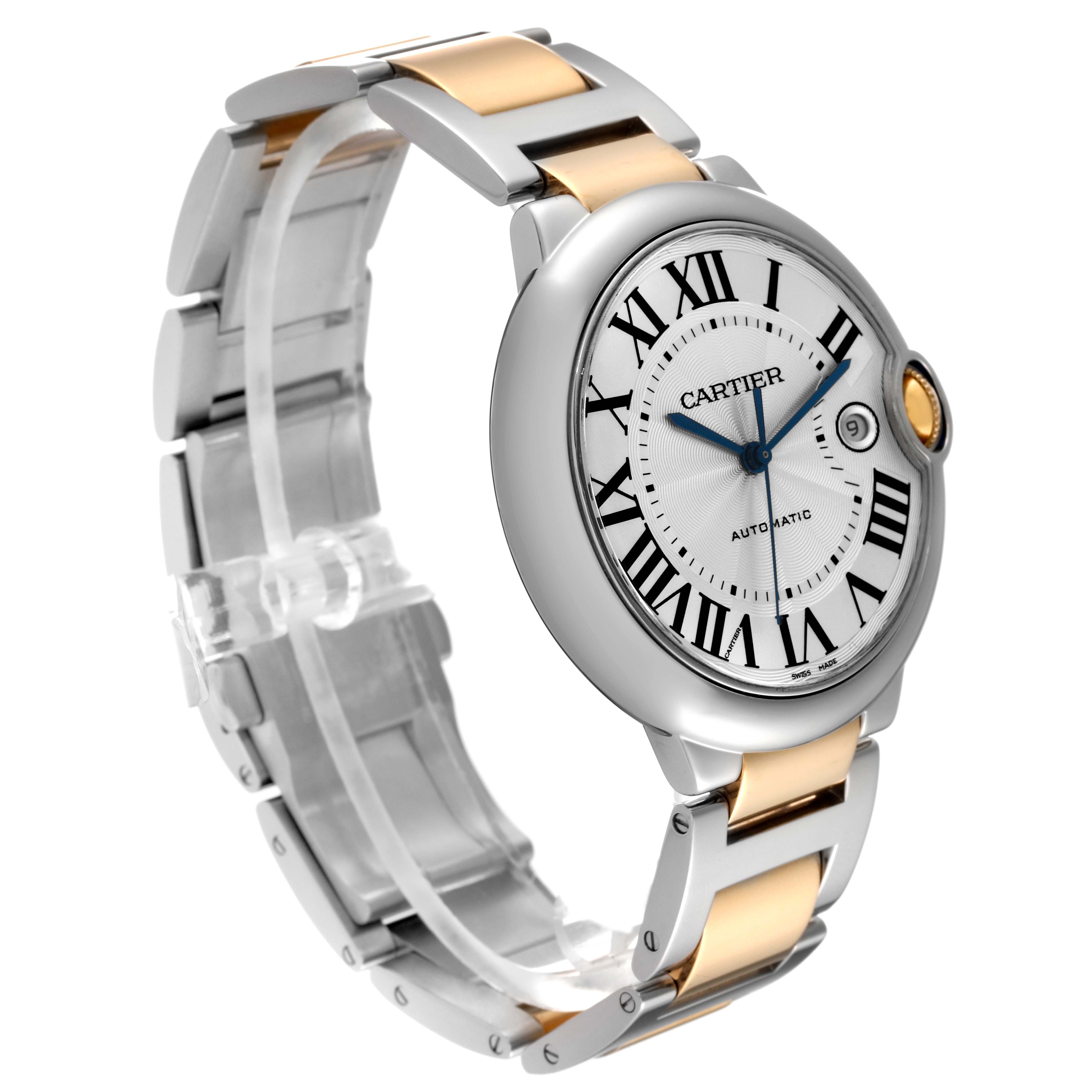 The Cartier Ballon Bleu W69009Z3 Men
s Steel and Gold (two tone) Silver Dial W69009Z3 Men
s Steel and Gold (two tone) Silver Dial watch is shown at a three-quarter angle, highlighting the face, bezel, and bracelet.