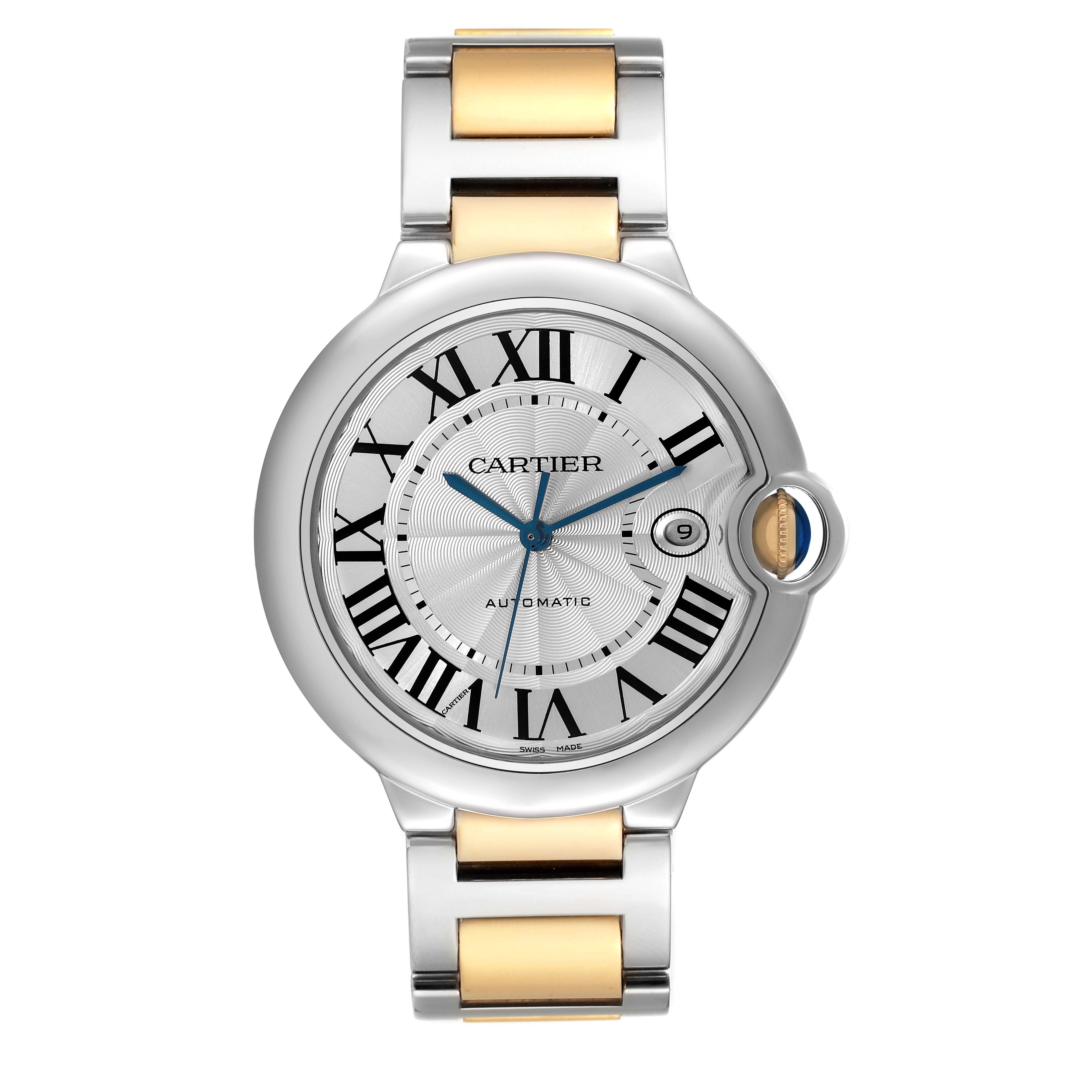 The image shows a front view of the Cartier Ballon Bleu W69009Z3 Men
s Steel and Gold (two tone) Silver Dial W69009Z3 Men
s Steel and Gold (two tone) Silver Dial watch, highlighting the face, bezel, crown, and bracelet.
