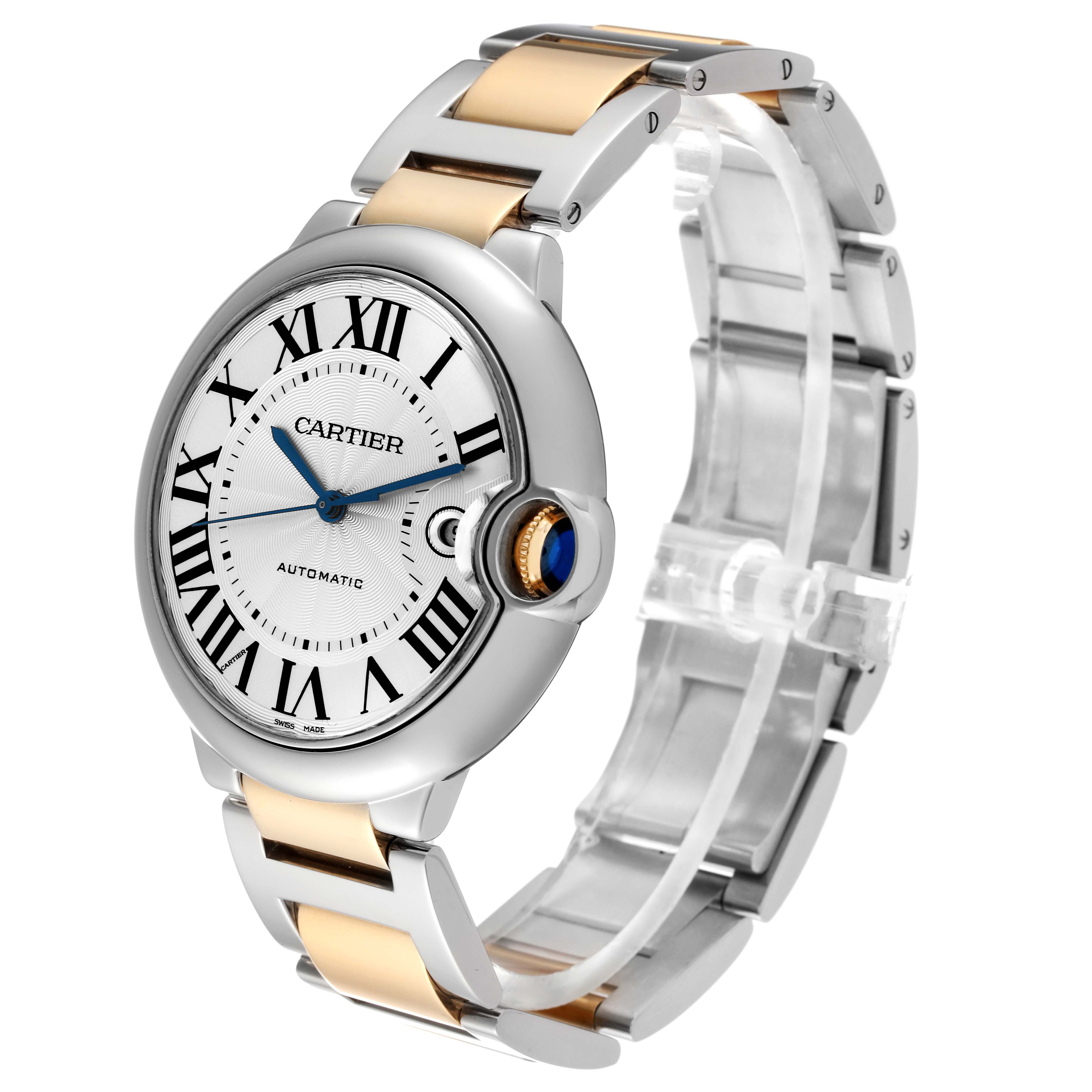 The image shows a Cartier Ballon Bleu W69009Z3 Men
s Steel and Gold (two tone) Silver Dial W69009Z3 Men
s Steel and Gold (two tone) Silver Dial watch at a three-quarter angle, highlighting its face, Roman numerals, and two-tone bracelet.