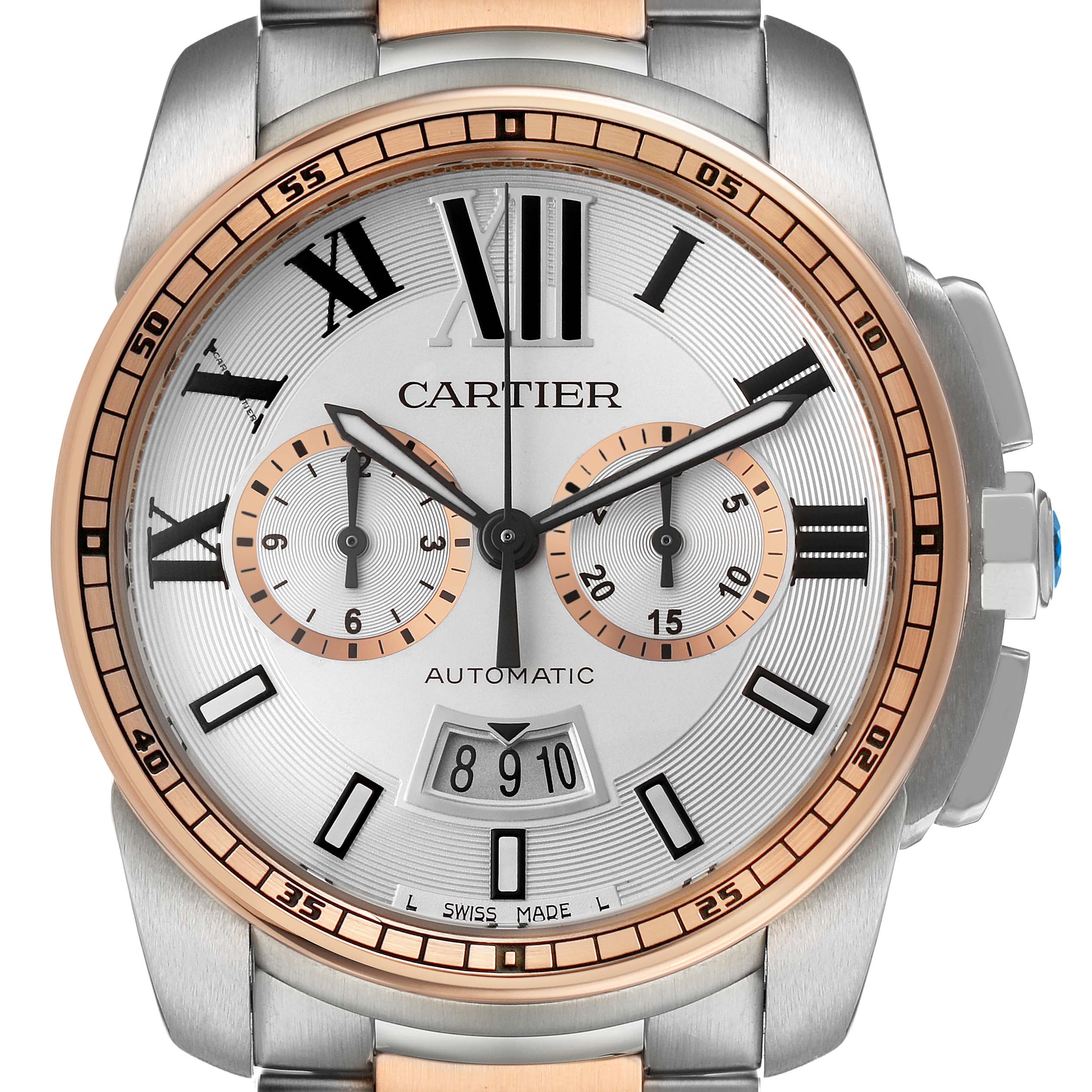 The Calibre de Cartier watch is shown from the front, highlighting the dial, case, and chronograph subdials.